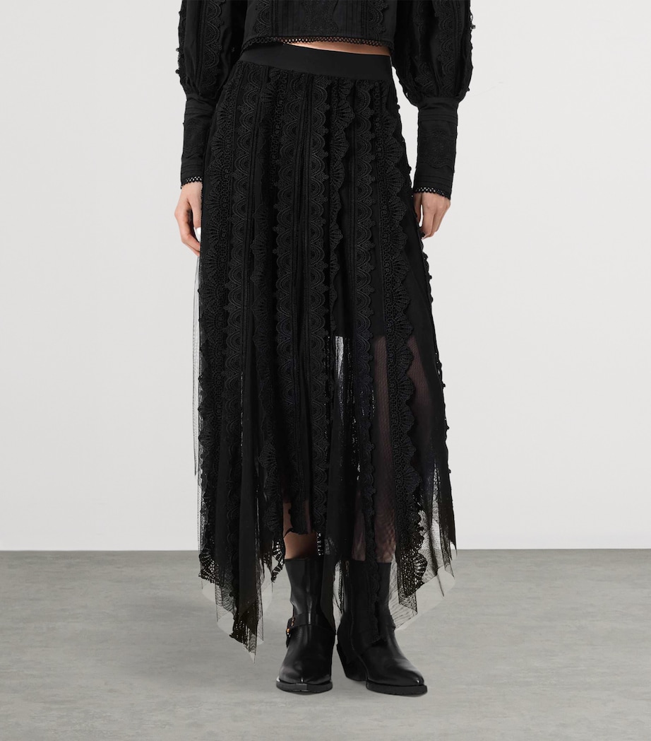 AllSaints Womens Cotton-Lace Vashtie Midi Skirt Black Image 3