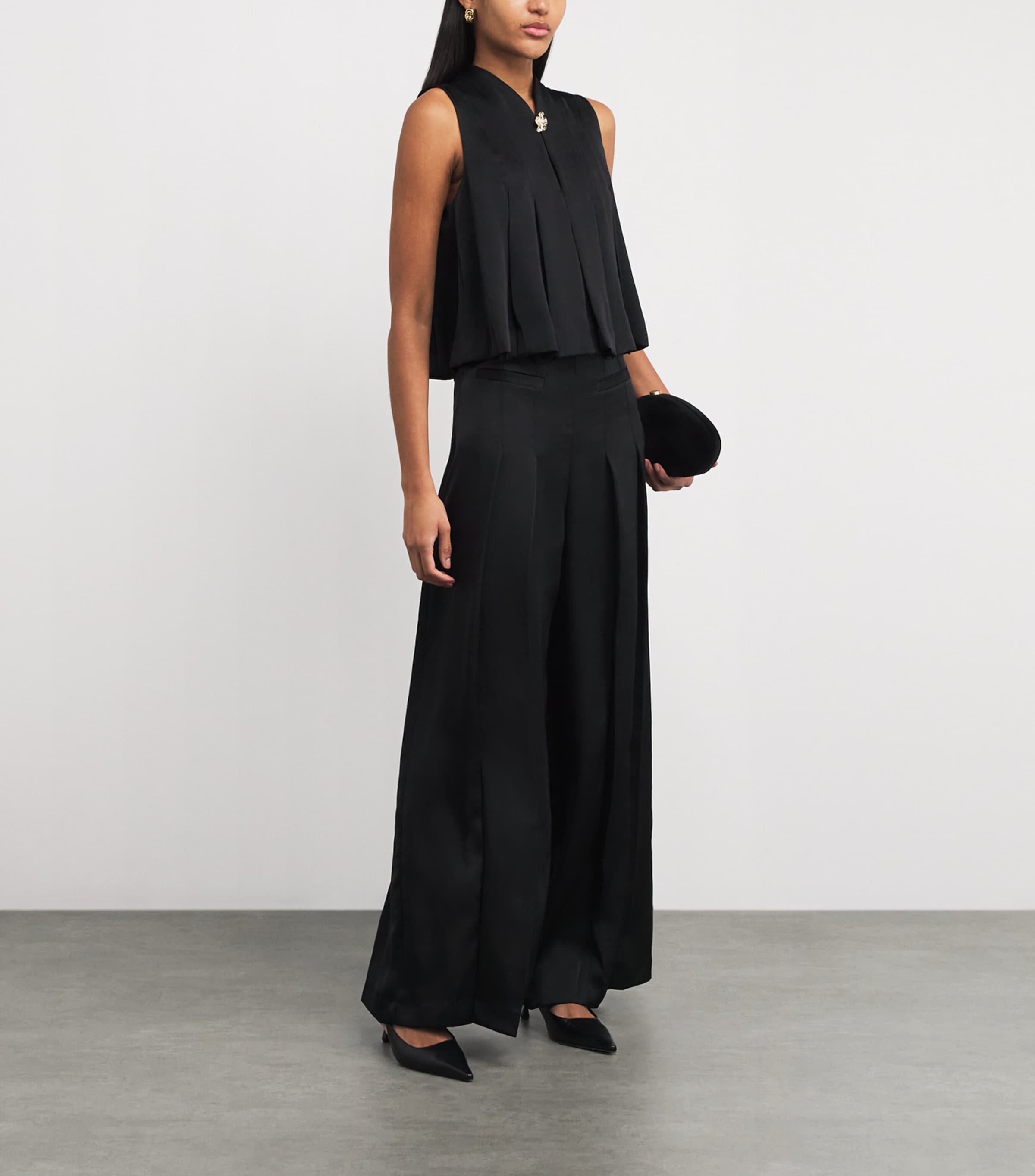 Satin Pleated Wide-Leg Trousers BLACK Image 2