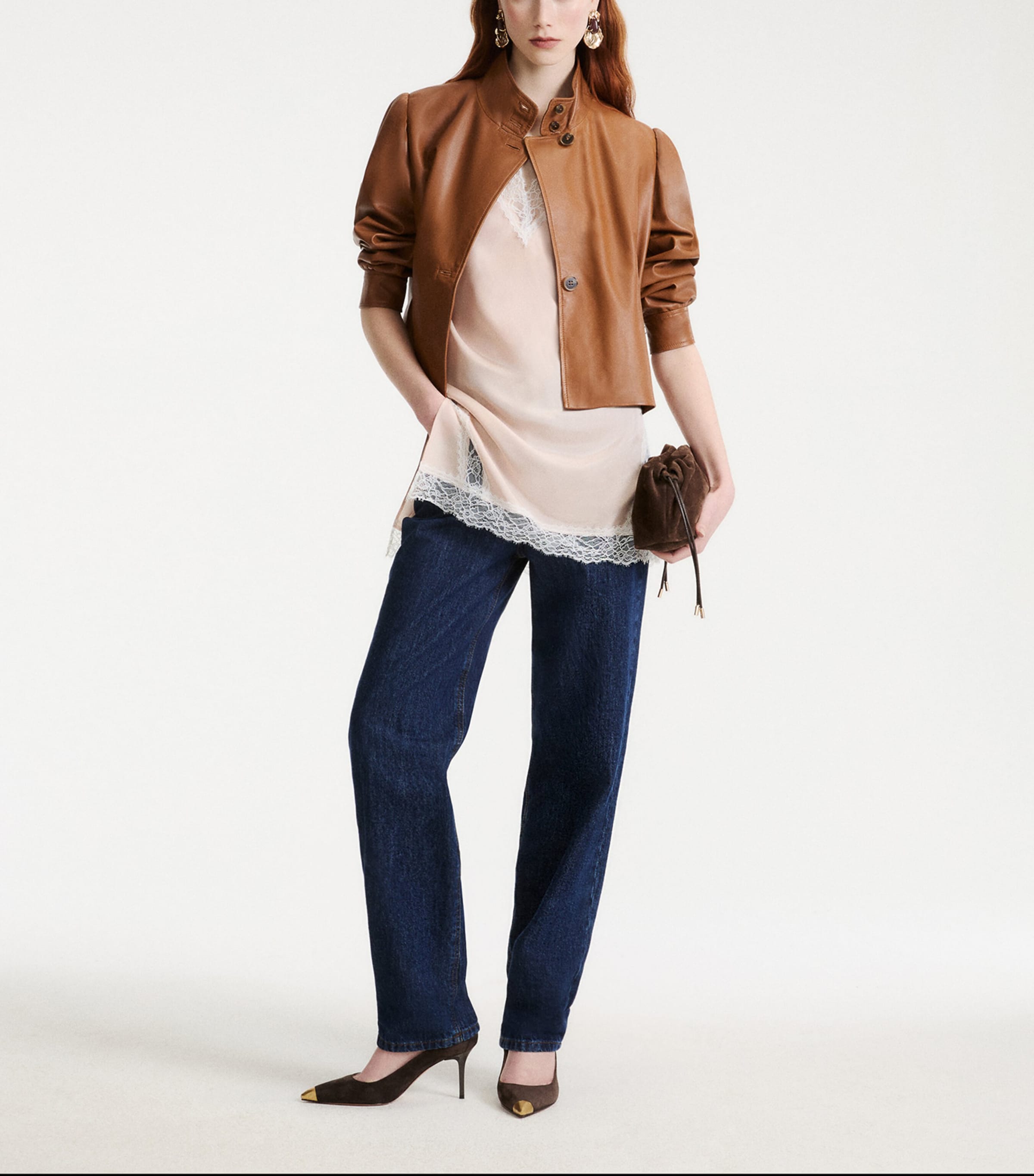 Marella Womens Asymmetric Leather Jacket Tobacco Brown Image 2