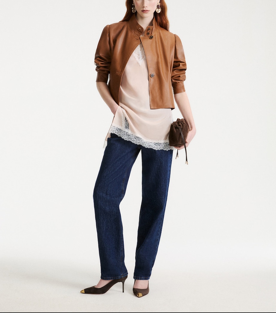 Marella Womens Asymmetric Leather Jacket Tobacco Brown Image 2