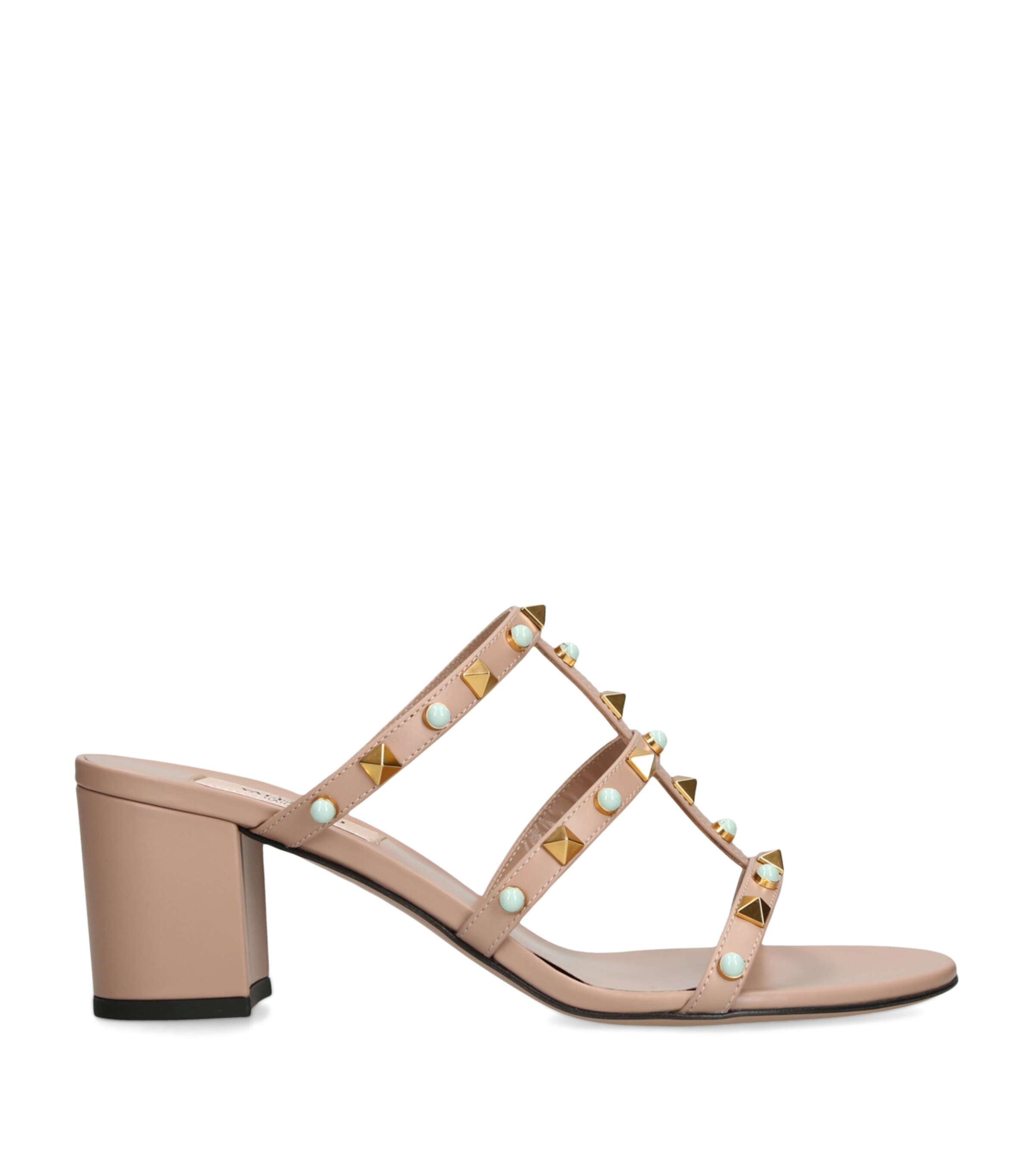 ROCKSTUD MULE SANDALS IN BRIGHT PINK CALFSKIN AND TRANSPARENT PVC FILM