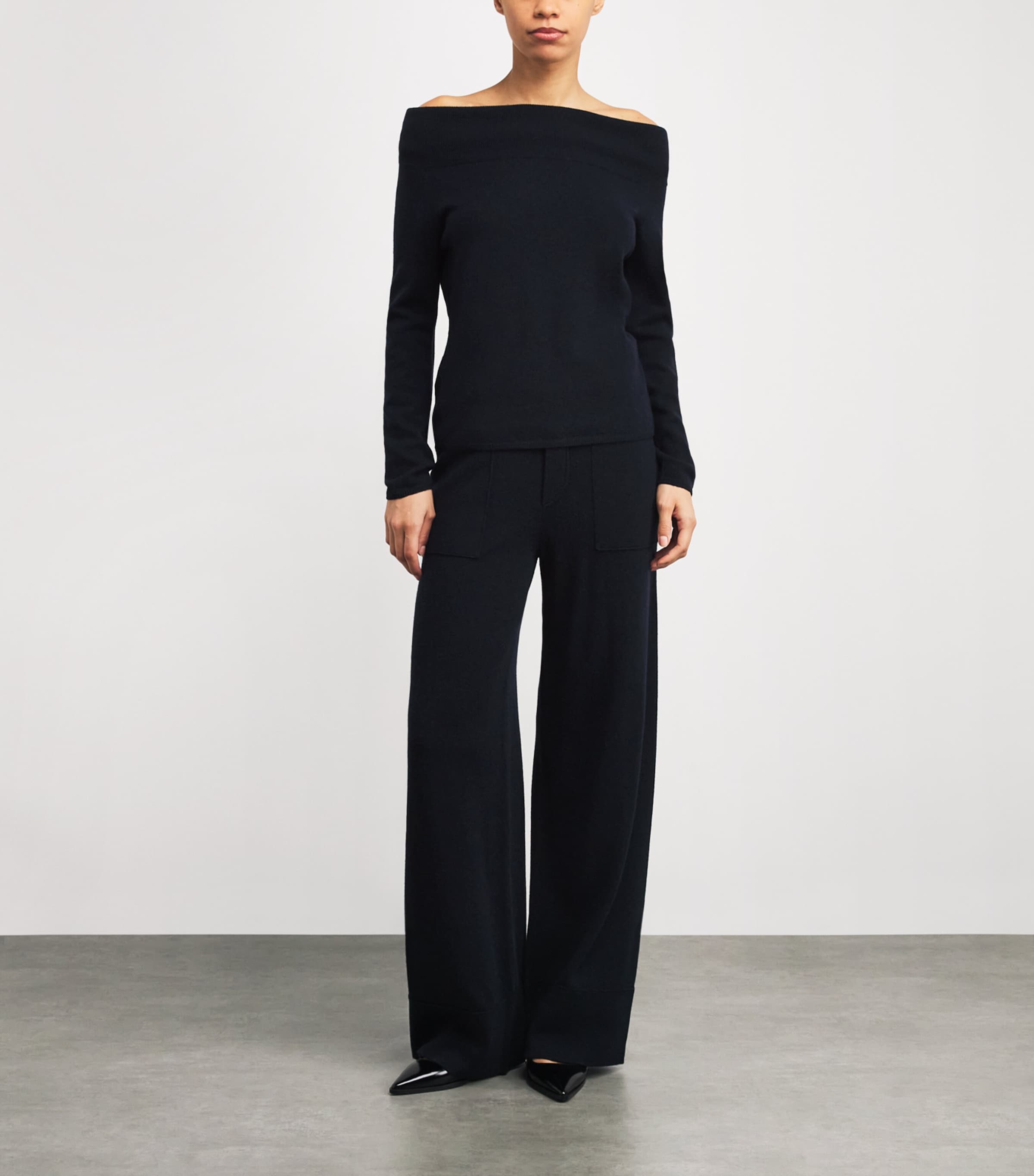 Allude Womens Cashmere-Silk Off-The-Shoulder Sweater Navy Image 2