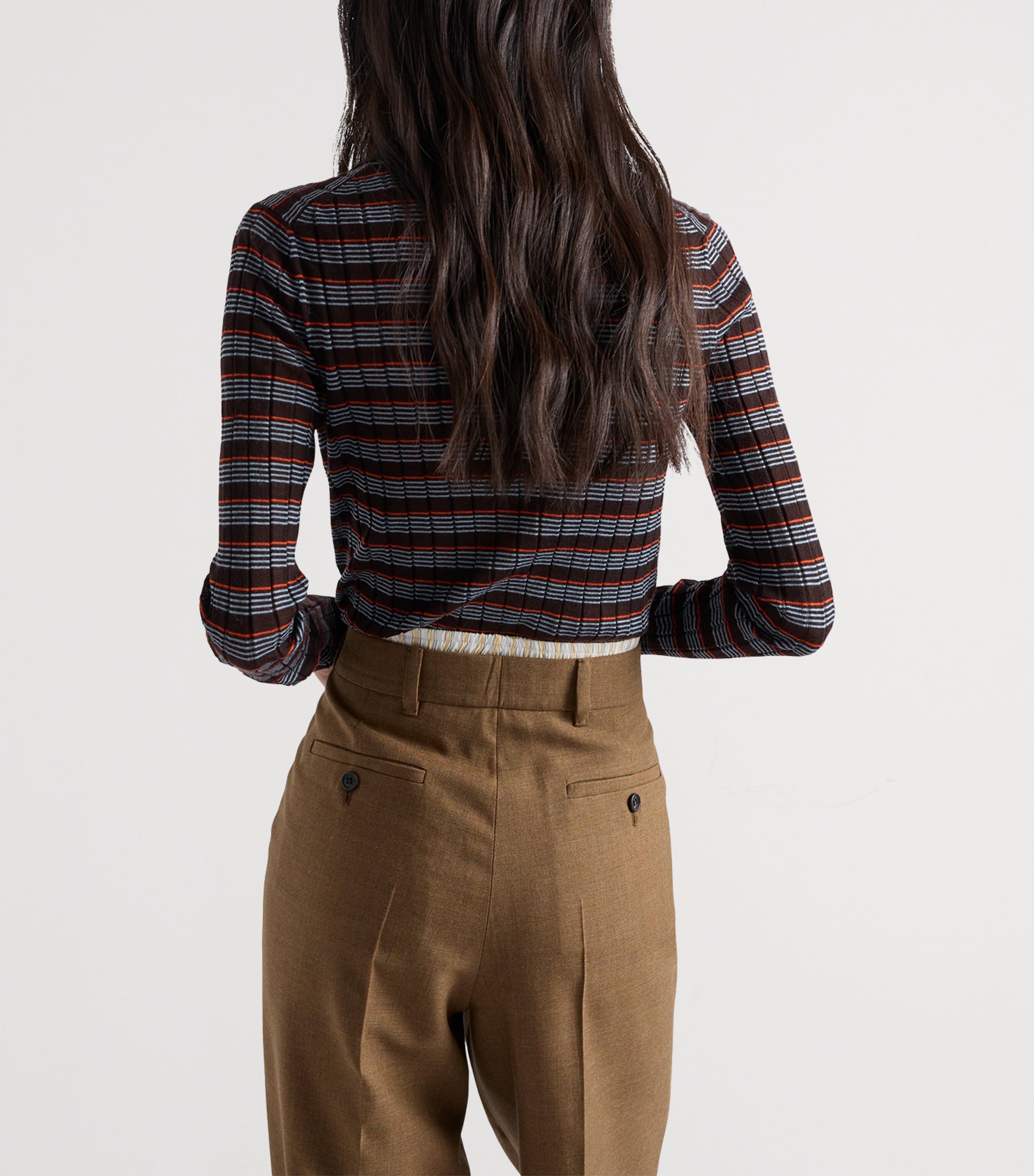 Prada Womens Cashmere-Silk Striped Polo Shirt Brown Image 5