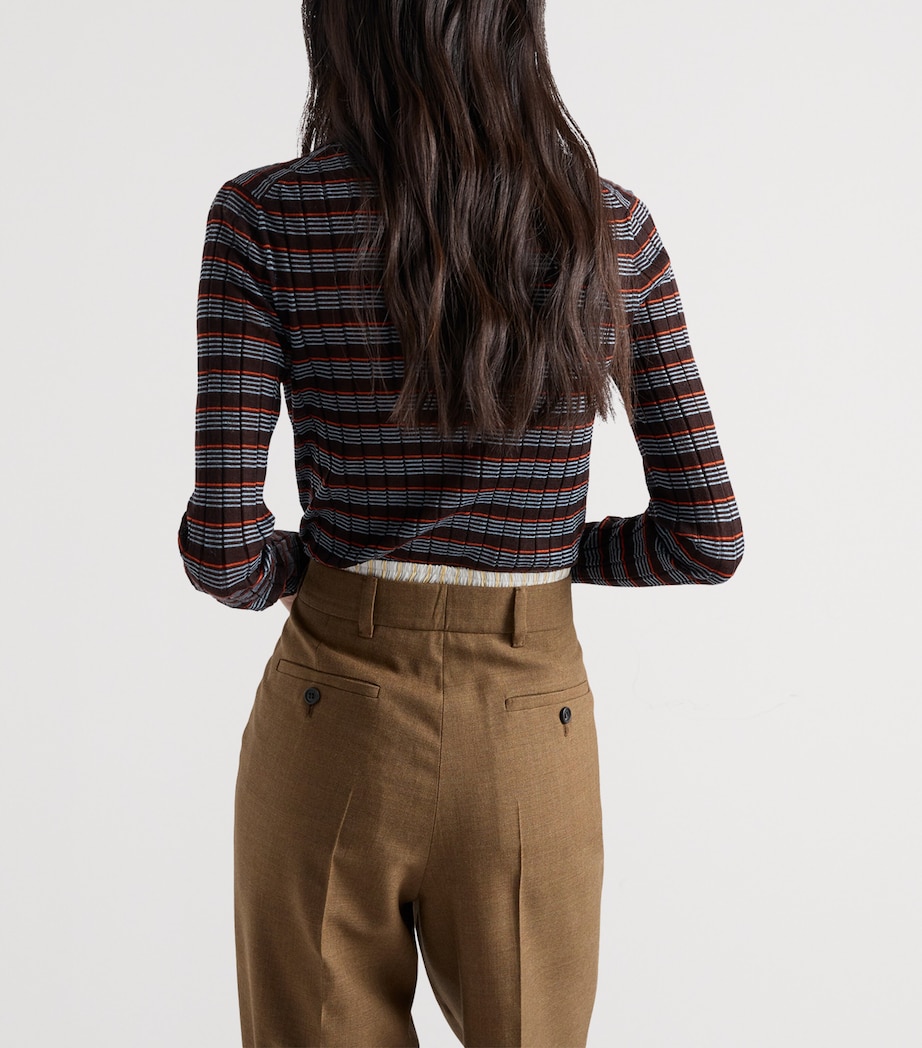 Prada Womens Cashmere-Silk Striped Polo Shirt Brown Image 5