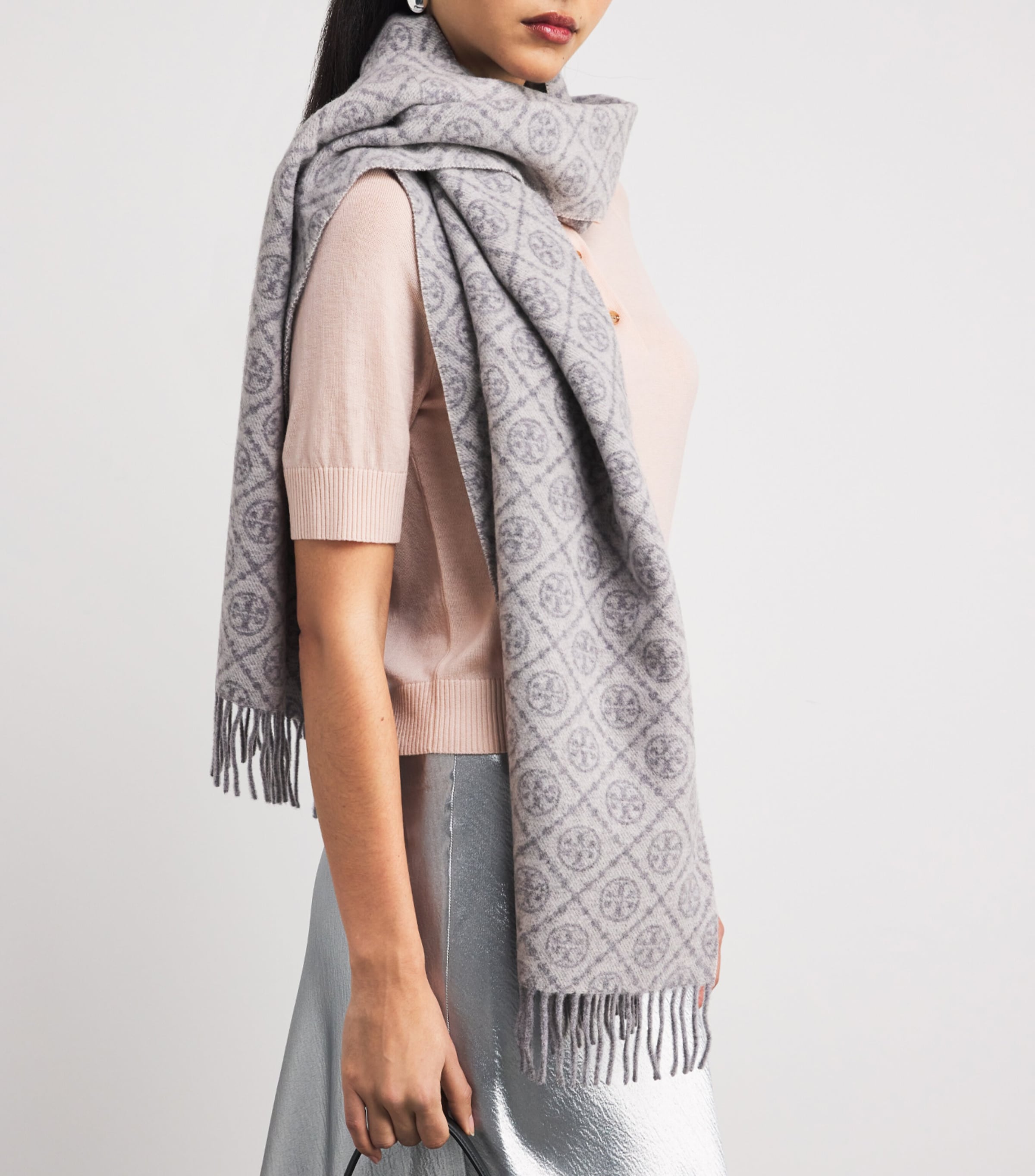 Tory Burch Wool-Cashmere Monogram Scarf Gray Image 2