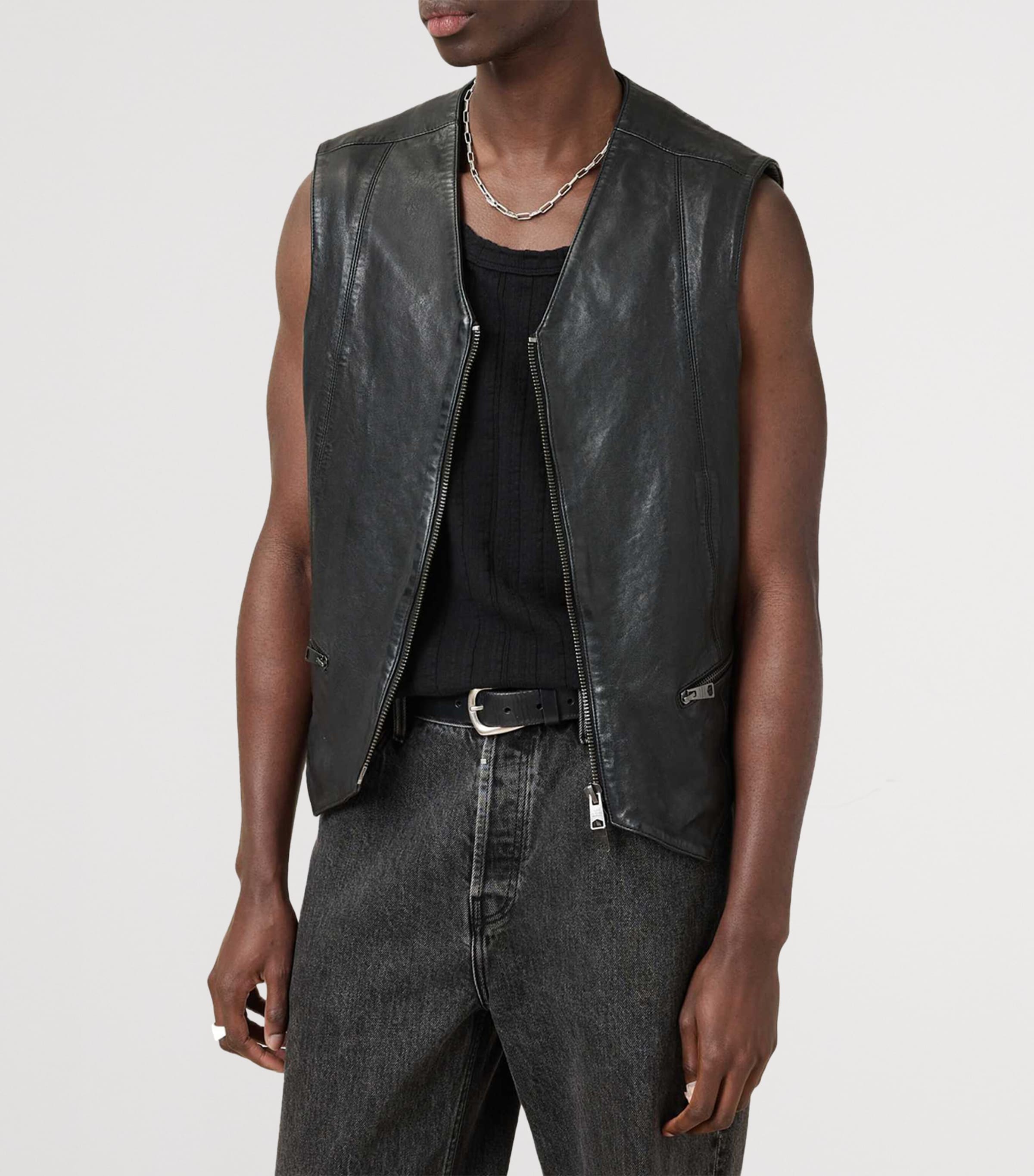 AllSaints Mens Leather Davies Waistcoat Black Image 3