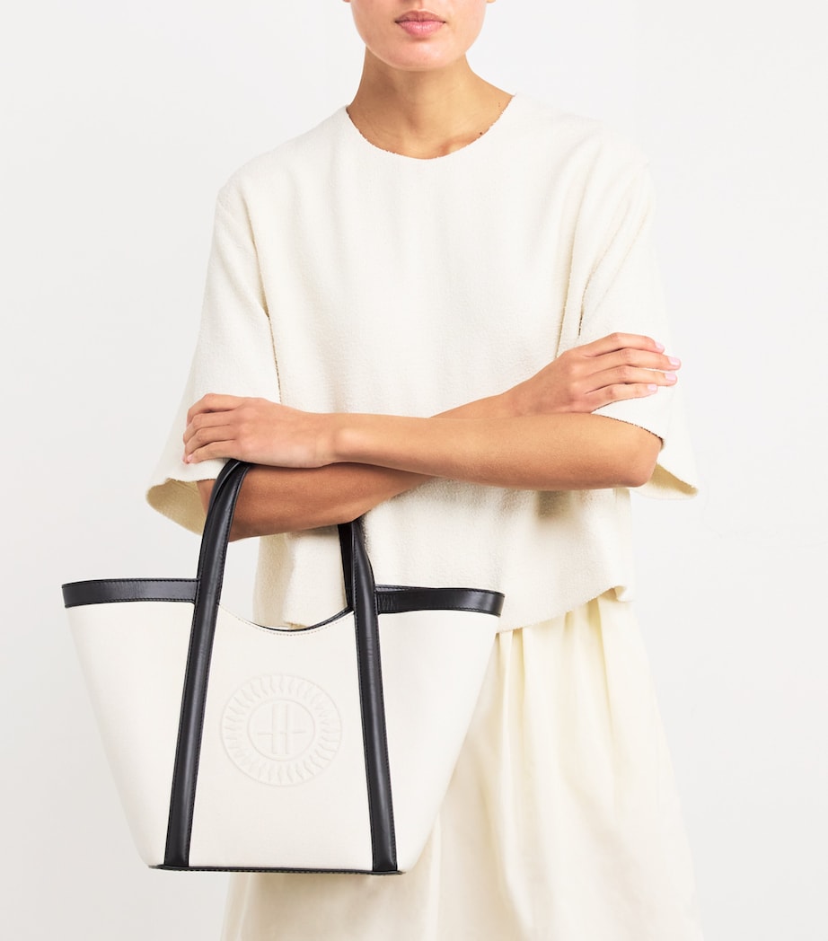 Small Canvas-Leather Embossed Tote Bag CREAM Image 5