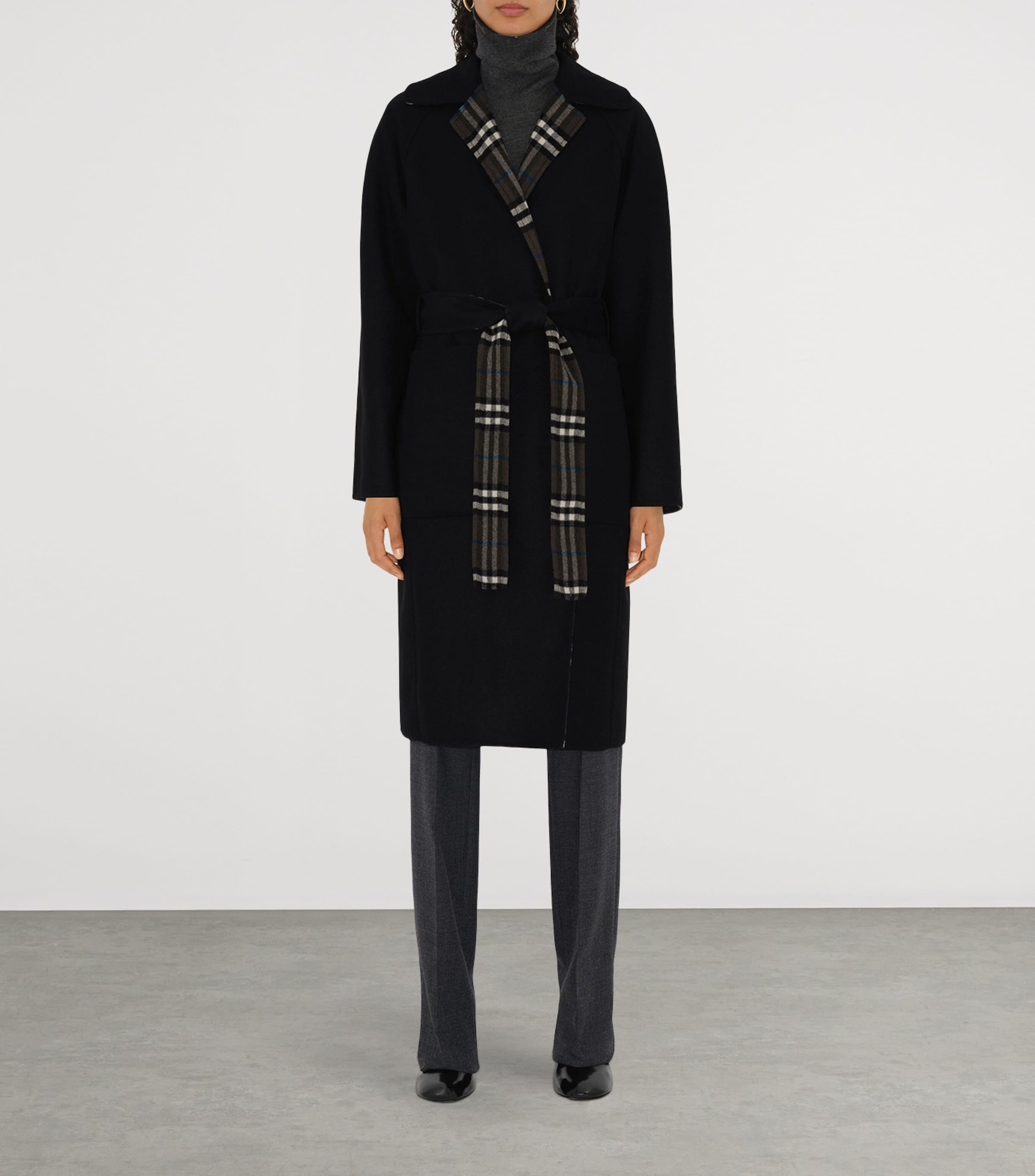 Burberry Black Wool Reversible Hooded Wrap Coat | Harrods GR Burberry Black Wool Reversible Hooded Wrap Coat | Harrods GR