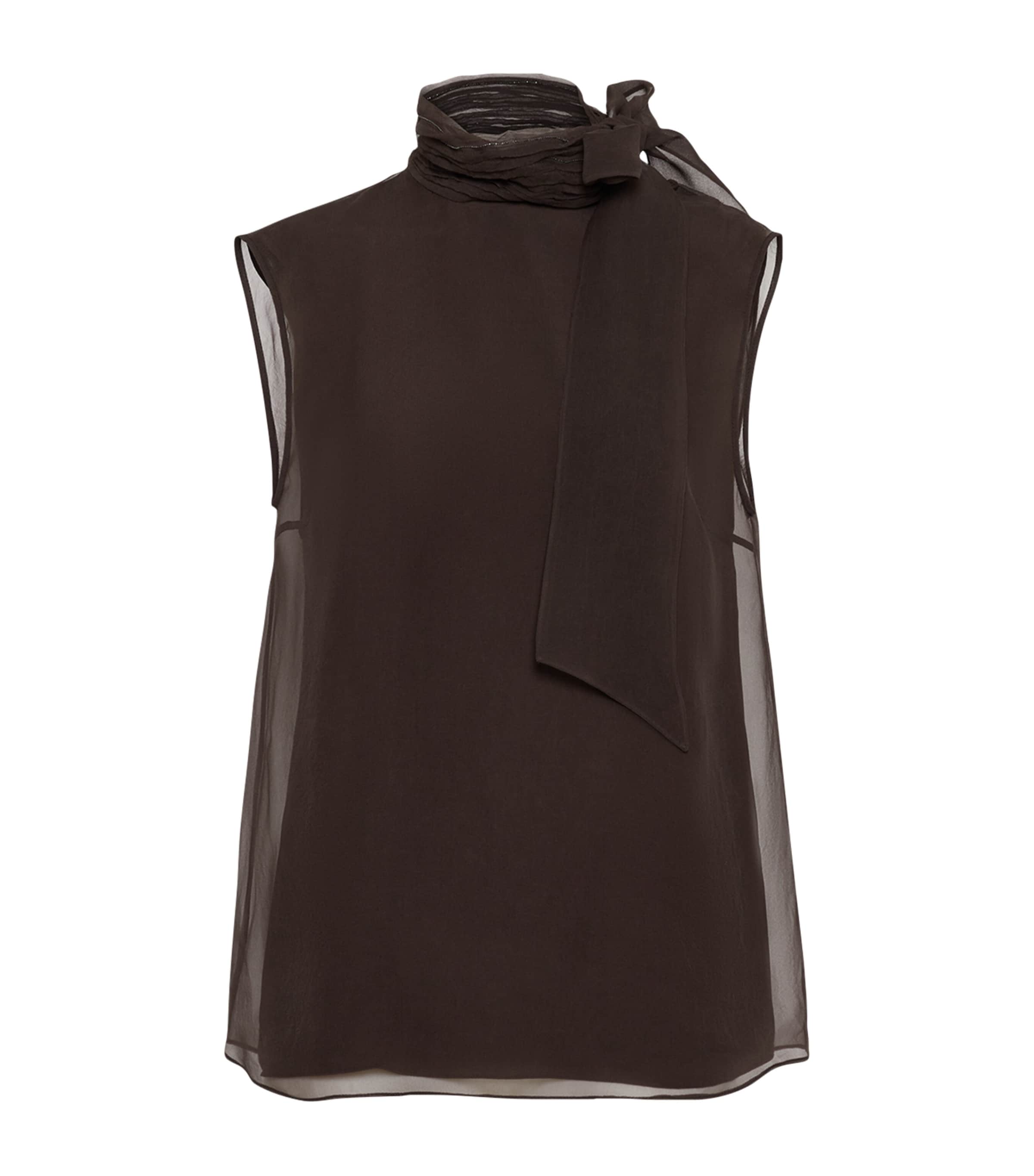 Brunello Cucinelli Women Crispy Silk Top With Lavalliere And Monili In Brown