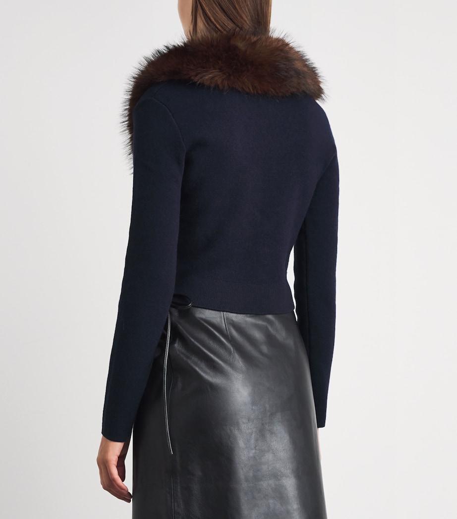 Self-Portrait Womens Cropped Faux Fur-Trim Cardigan Navy Image 5