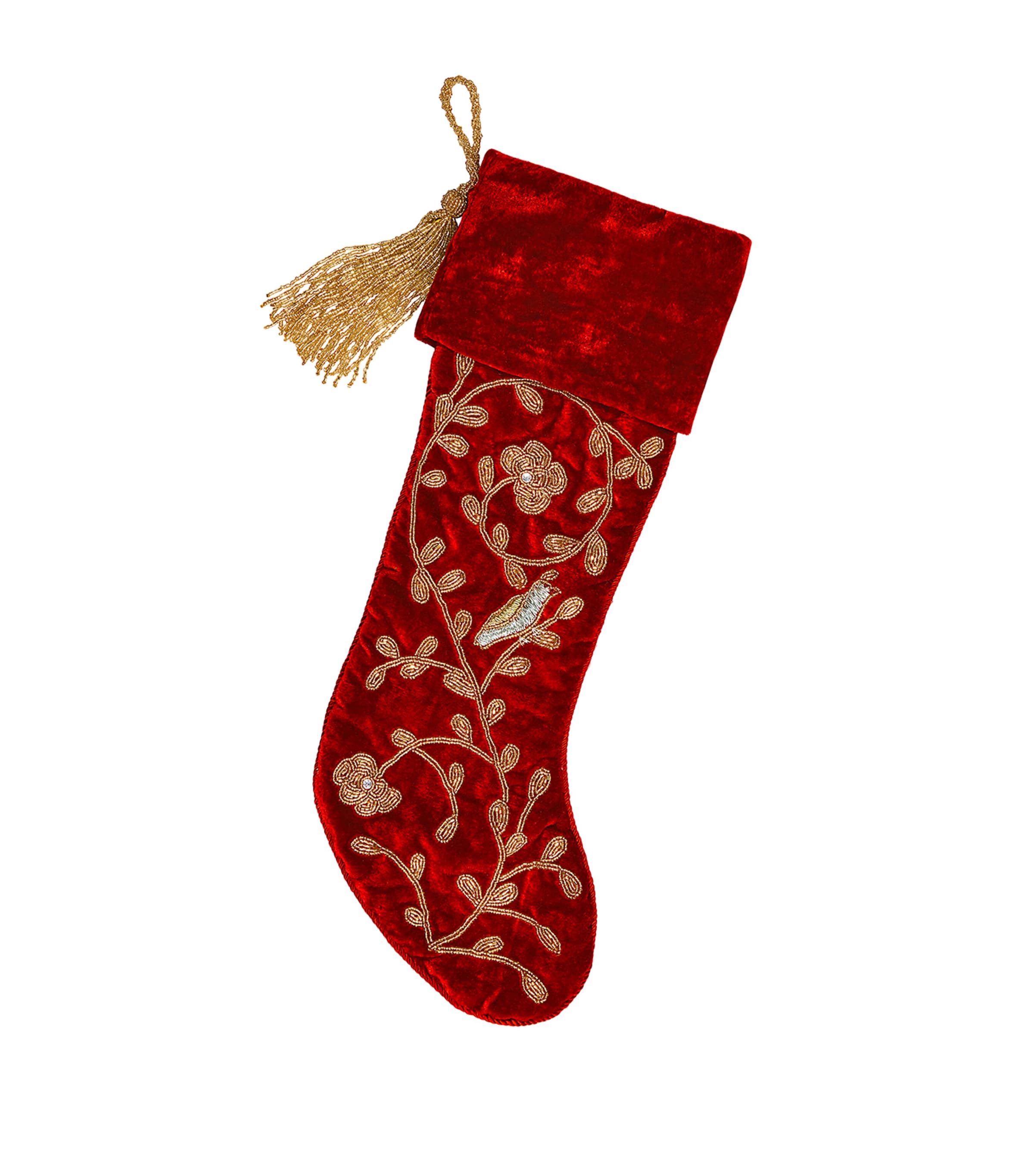Sudha Pennathur Velvet Embroidered Partridge Stocking In Red