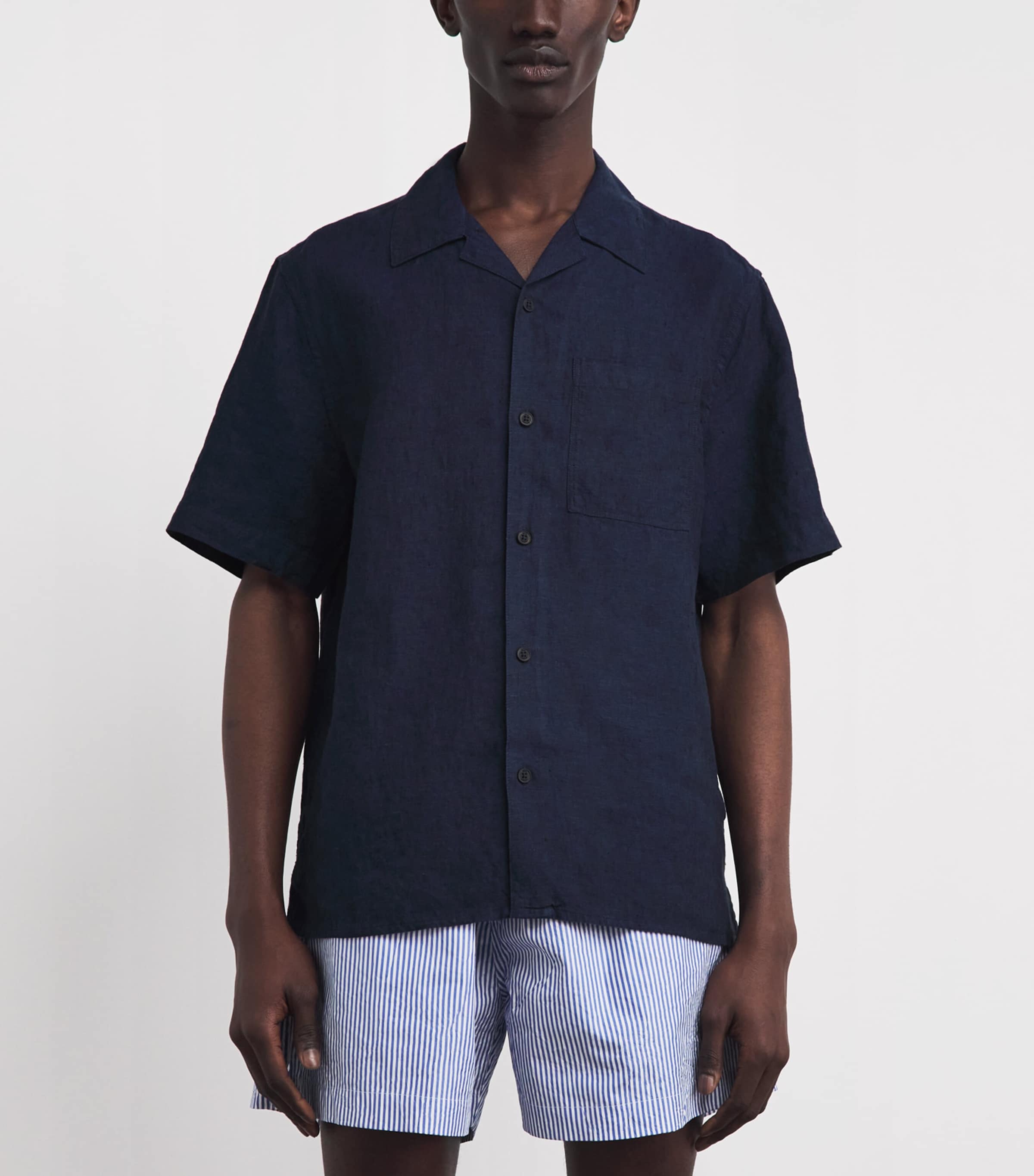 Wax London Mens Linen Short-Sleeve Didcot Shirt Navy Image 4