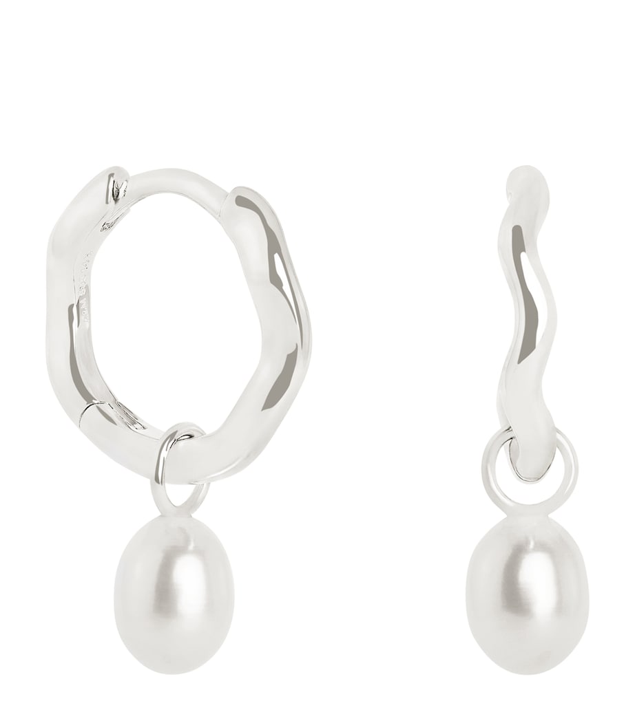 Astrid & Miyu White Gold and Pearl Wave Huggie Earrings White Gold Image 1