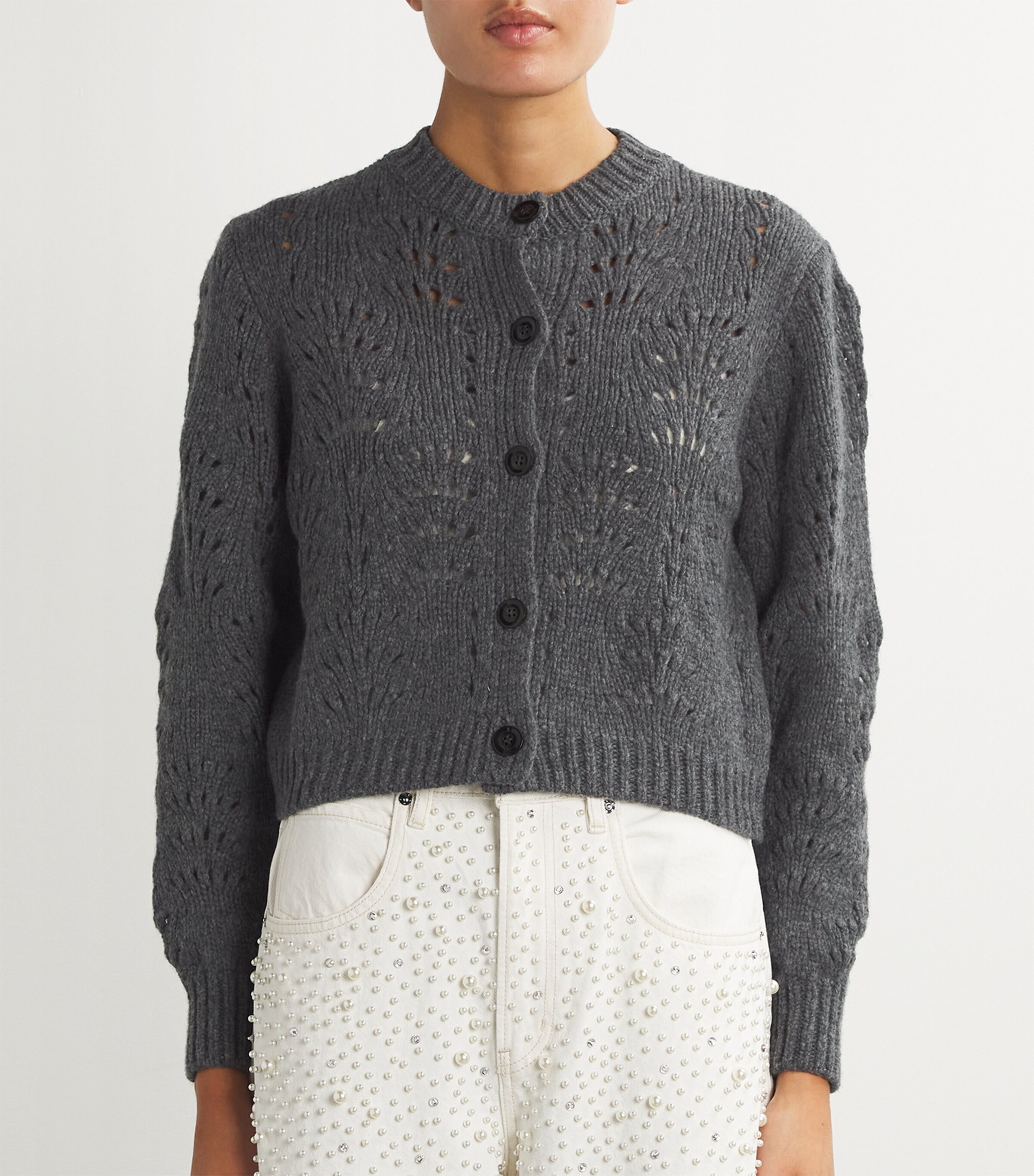 FRAME Womens Wool Textured Stitch Cardigan Dark Gris Heather Image 3