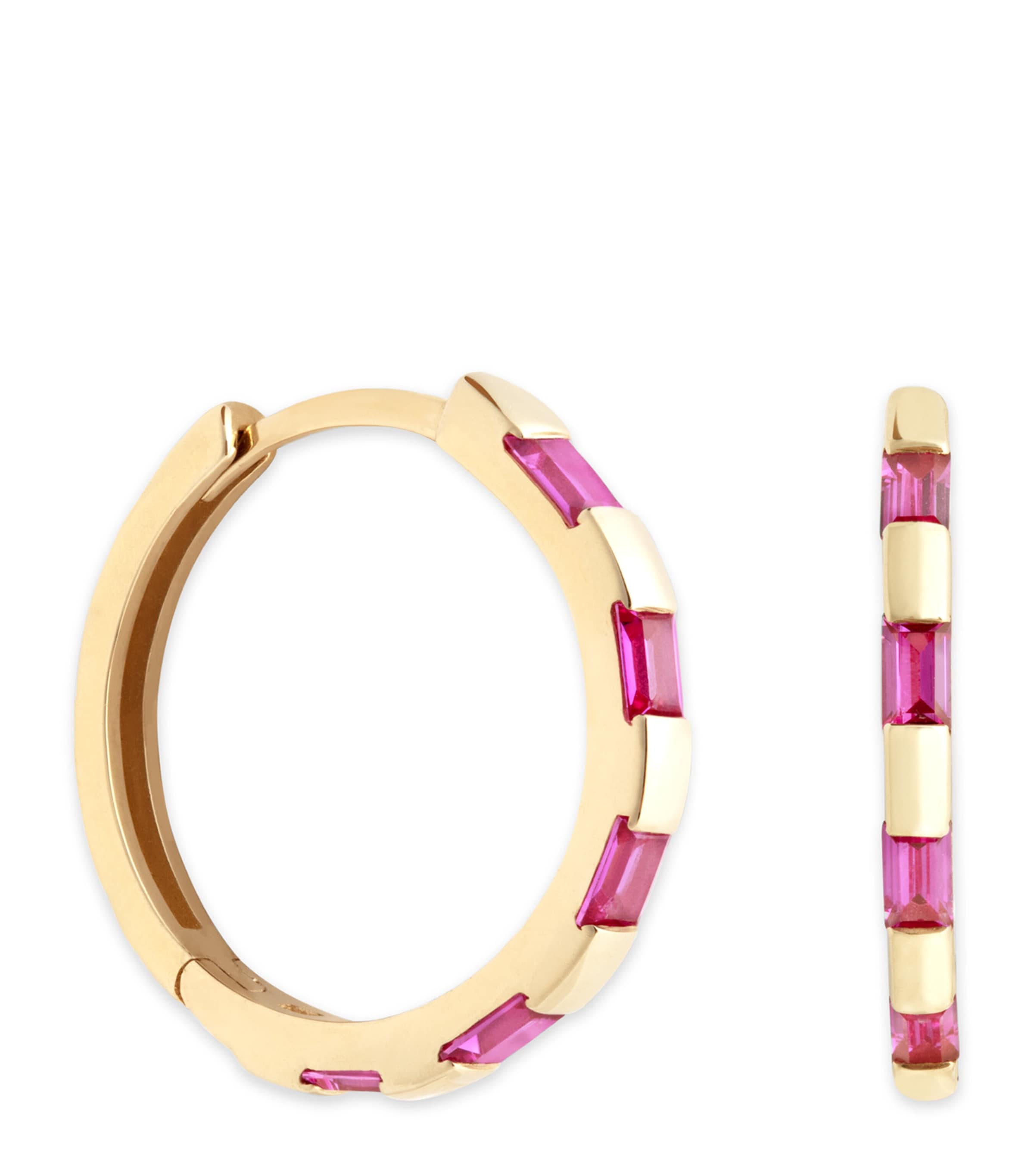 Astrid & Miyu Yellow Gold and Pink Sapphire Baguette Hoop Earrings | Fashion Jewellery | Earrings