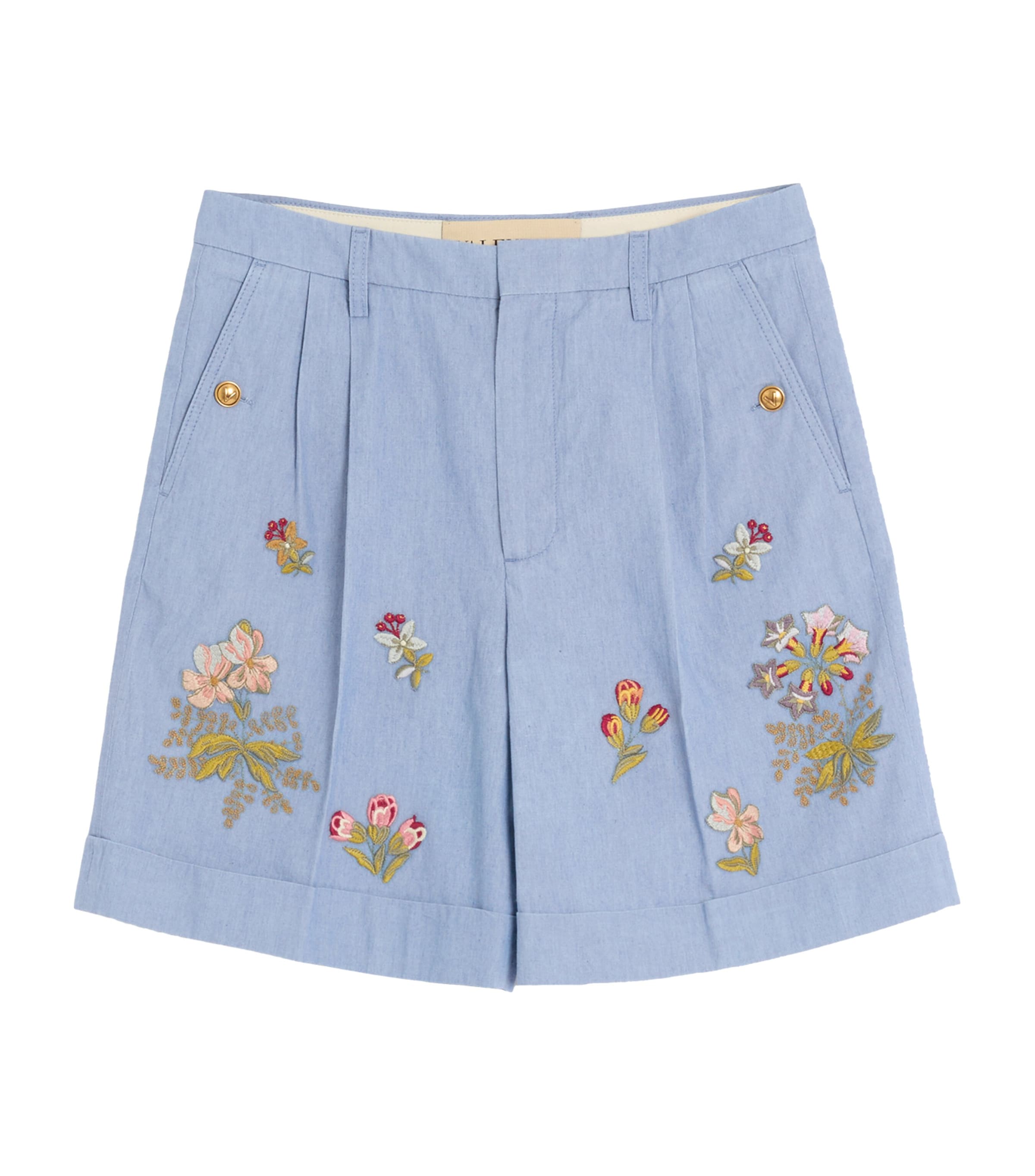 Valentino Denim Embroidered Tailored Shorts In Blue