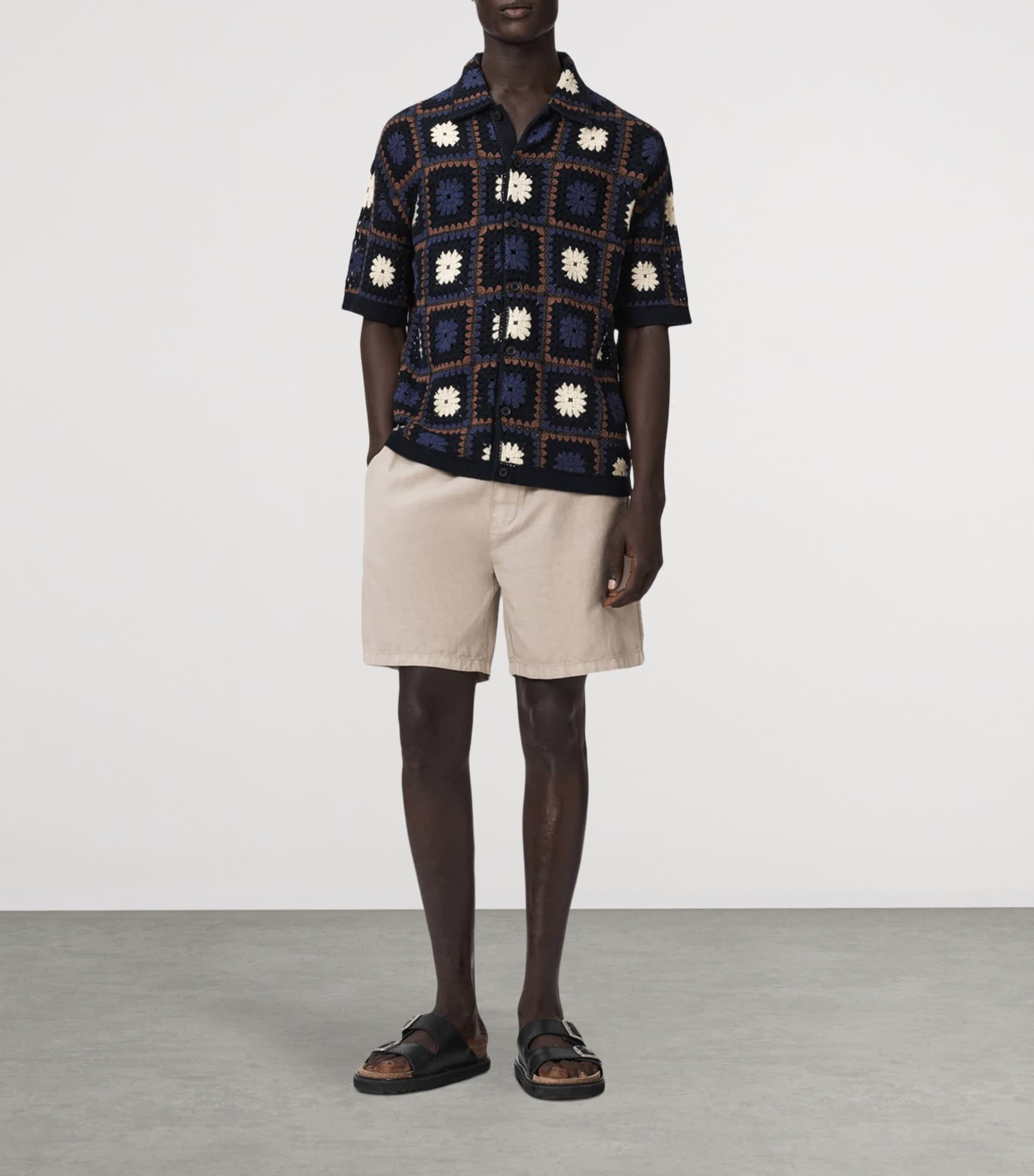 AllSaints Mens Organic Cotton Crochet Short-Sleeve Shirt Moonstone Blue Image 2