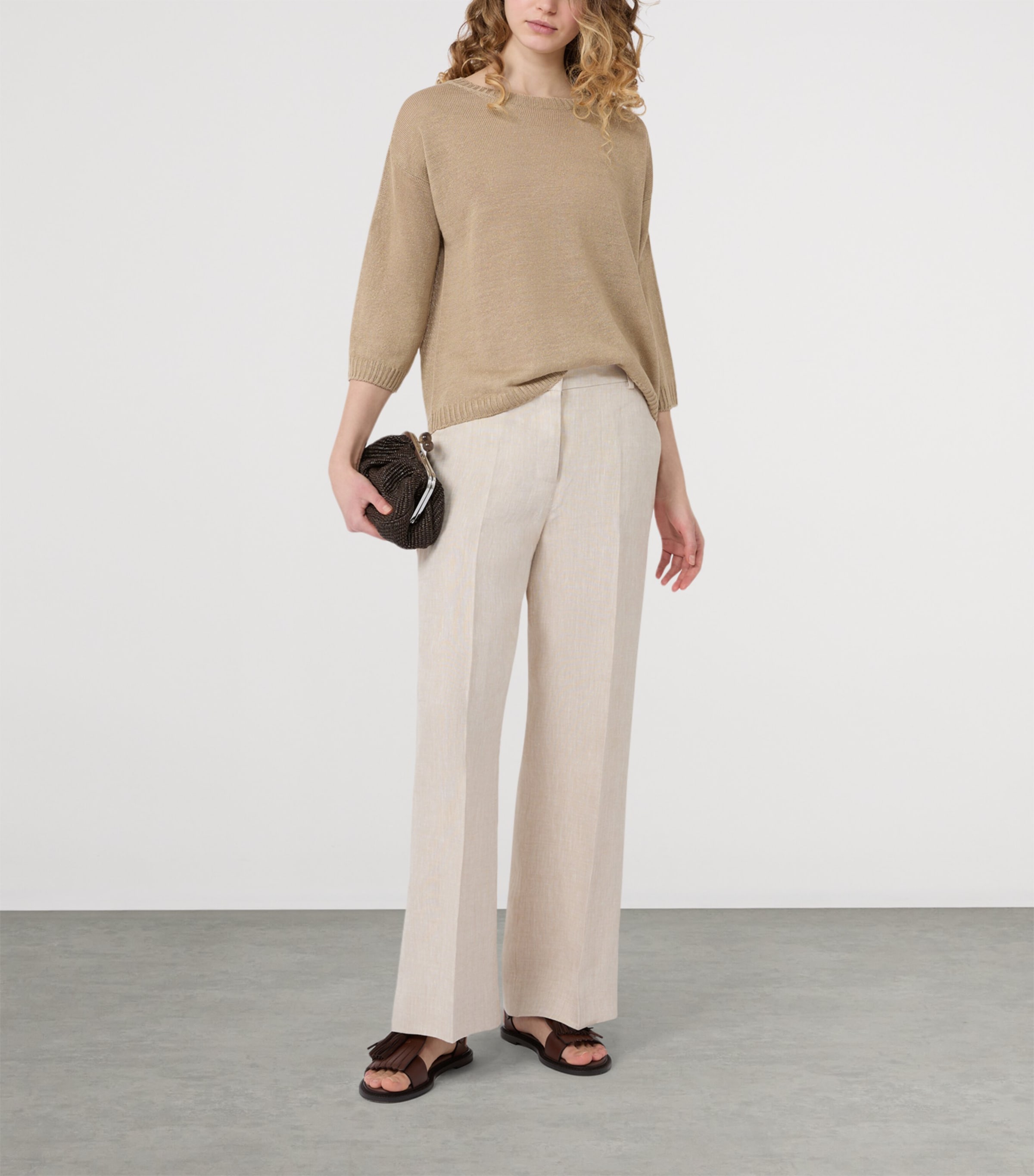 Weekend Max Mara Womens Linen Cropped-Sleeve Sweater Earth Image 5