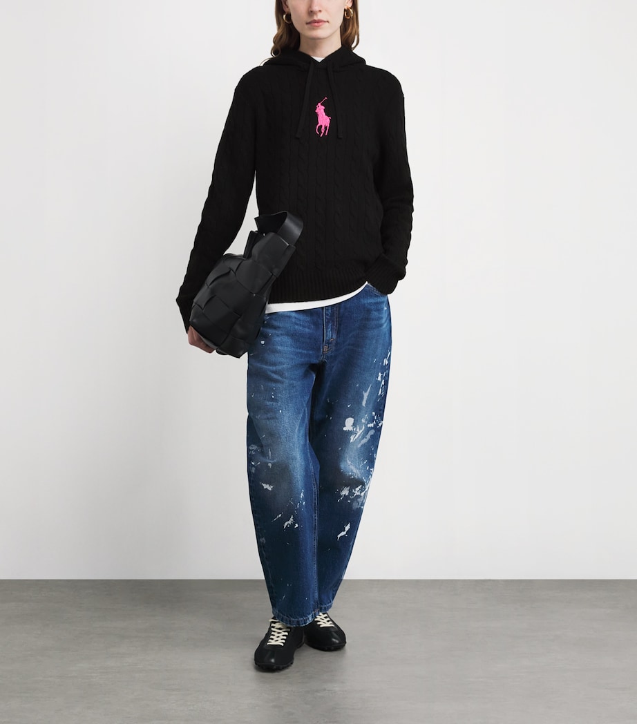 Wool-Cashmere Cable-Knit Pink Pony Hoodie POLO BLACK Image 2