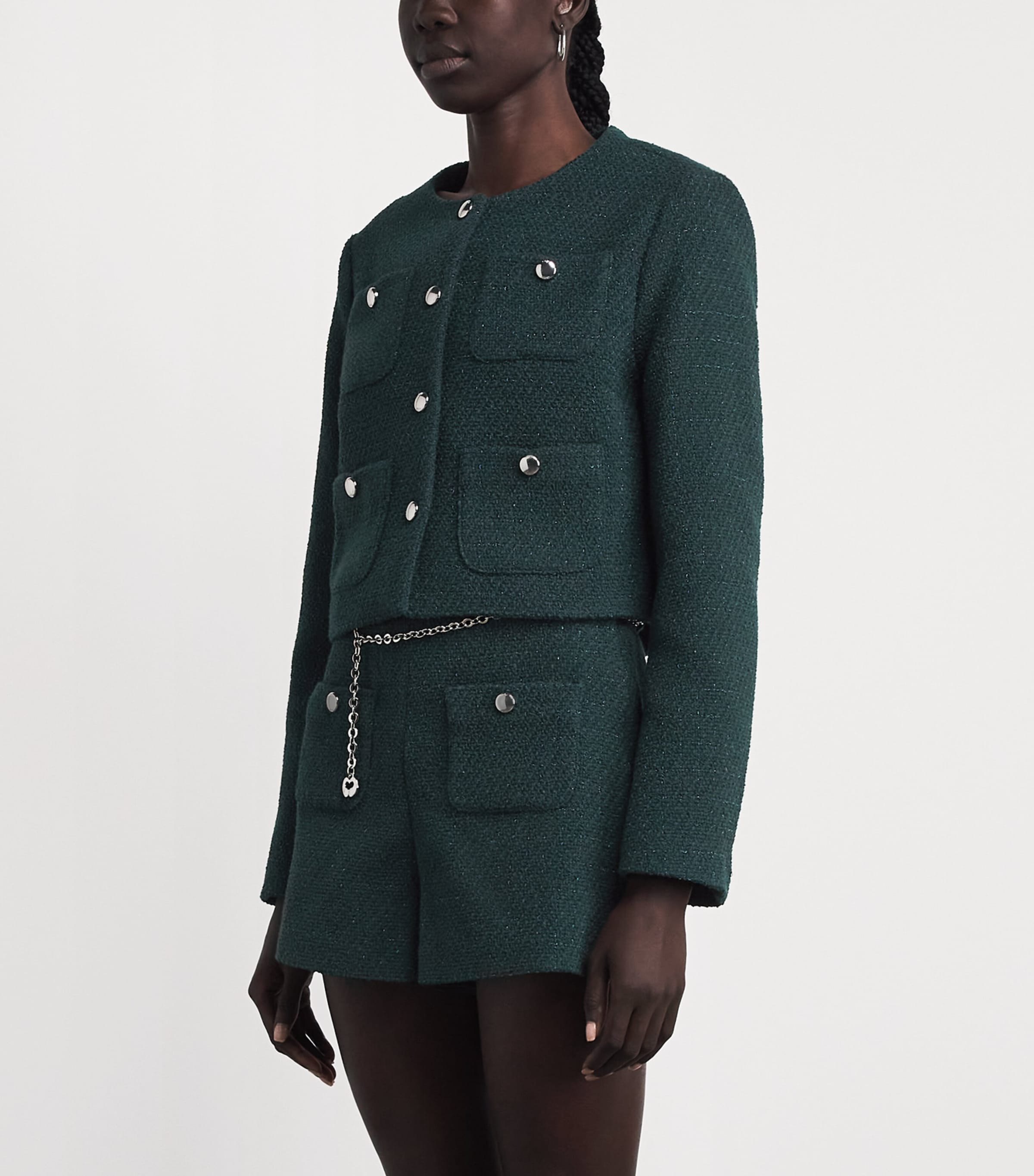 Maje Womens Tweed Cropped Jacket Bottle Green Image 4
