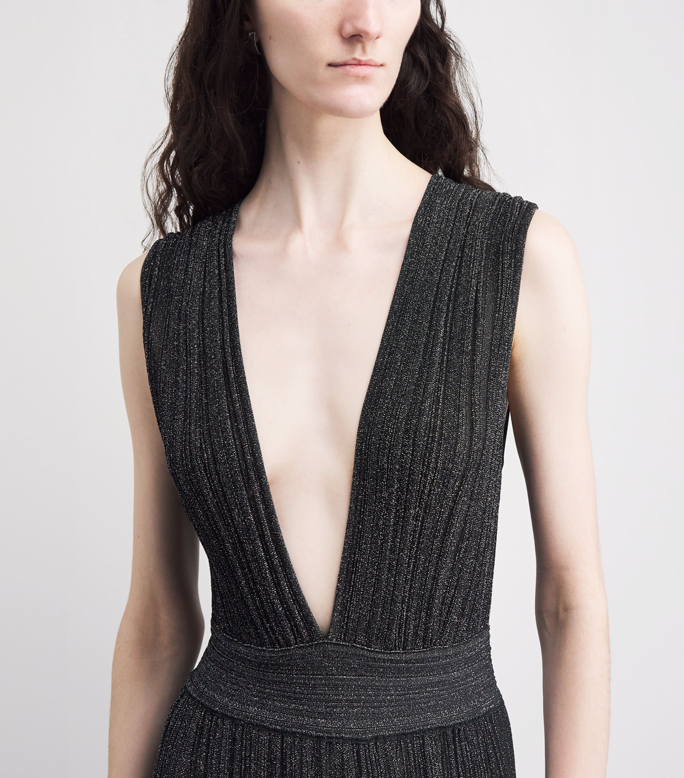 VALENTI Womens Knit Metallic V-Neck Maxi Dress Black Silver Image 3