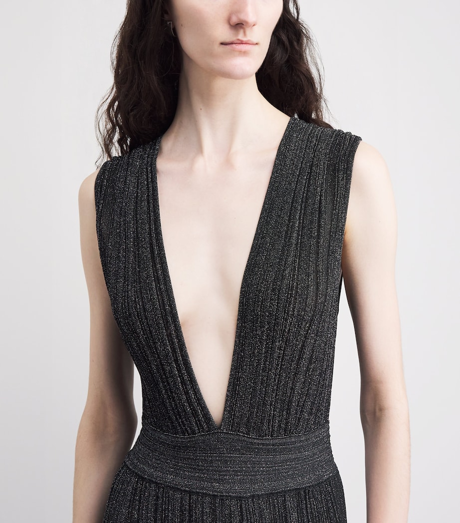 VALENTI Womens Knit Metallic V-Neck Maxi Dress Black Silver Image 3