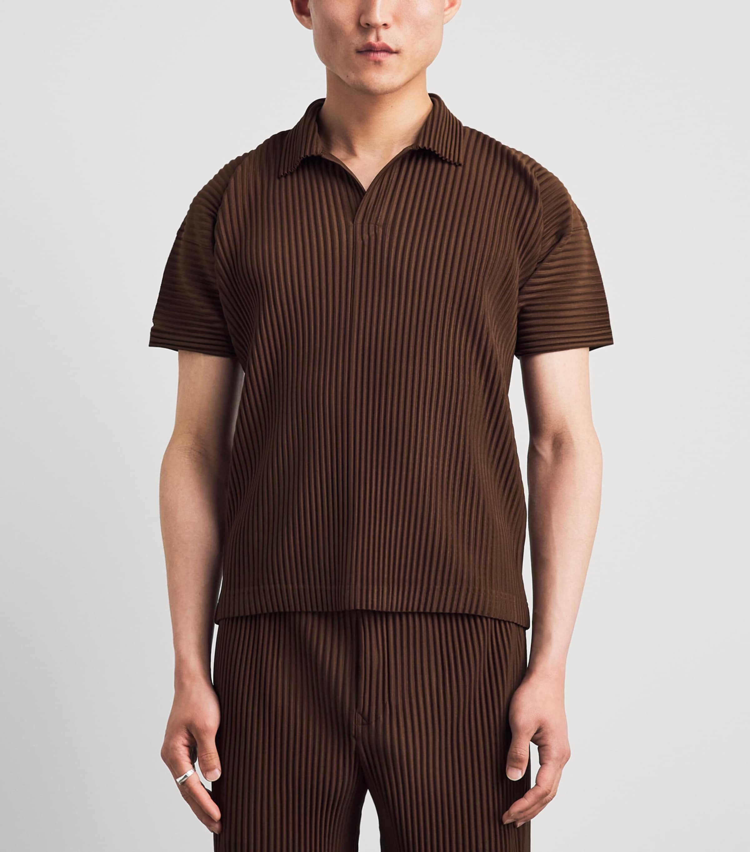 Homme Plissé Issey Miyake Mens Pleated Polo Shirt Anchor Brown Image 4