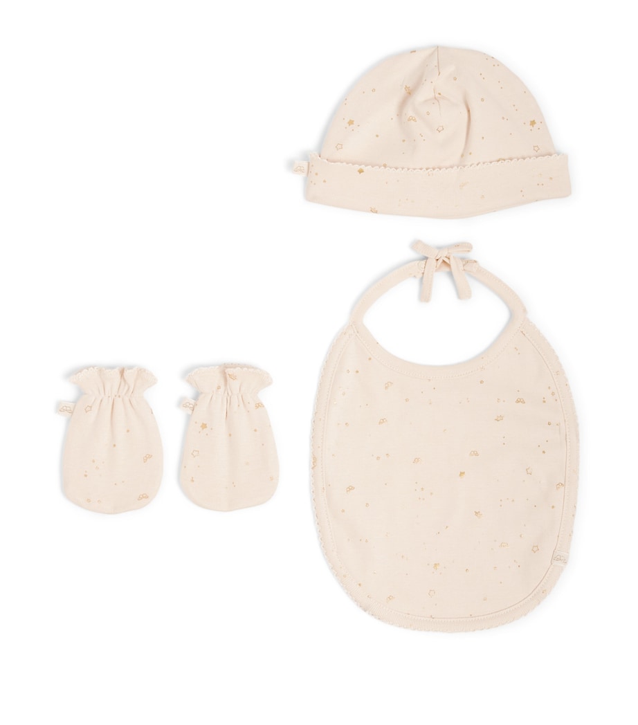 Marie-Chantal Cotton Bay Star Hat, Mittens and Bib Set White/gold Image 1