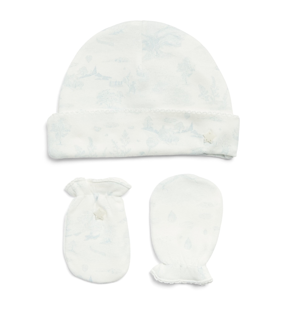 Marie-Chantal Pima Cotton Toile De Jouy Delani Hat and Mittens Set Mc Blue Image 1
