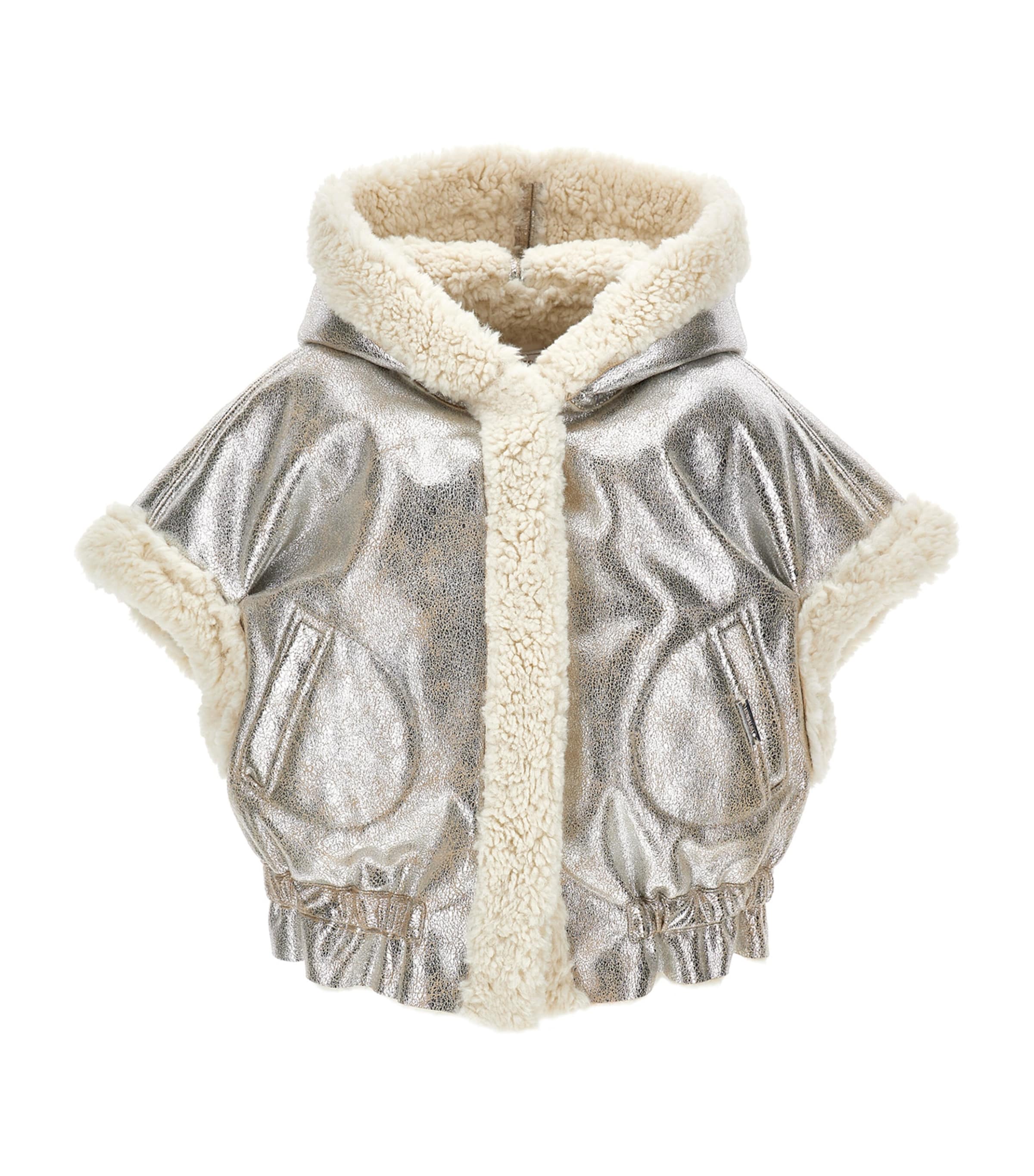 Monnalisa Kids' Plush Metallic Cape In Silver