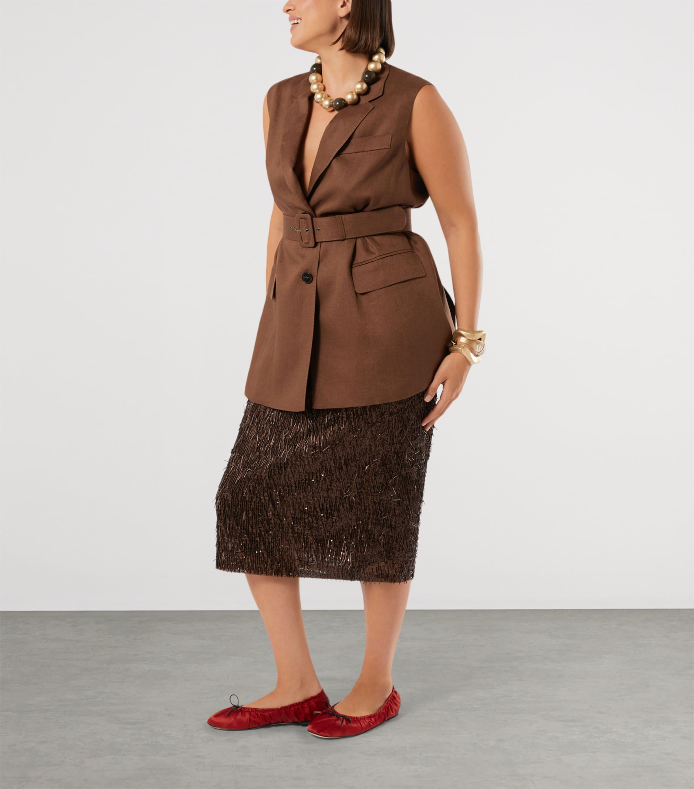 Marina Rinaldi Womens Linen Canvas Belted Waistcoat Cocoa Image 2