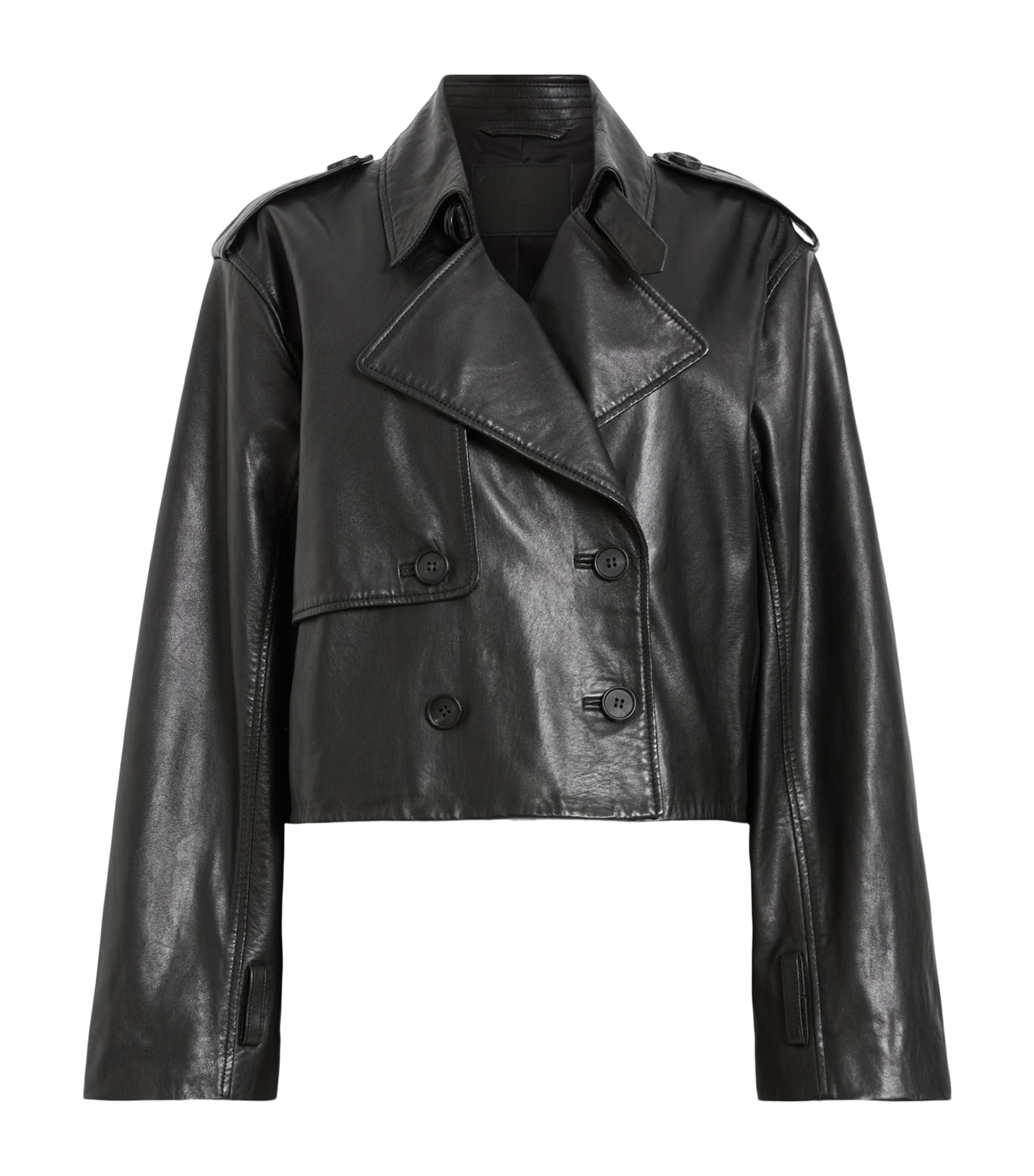 Allsaints Womens Black Hendry Relaxed-fit Cropped Leather Trench In Black