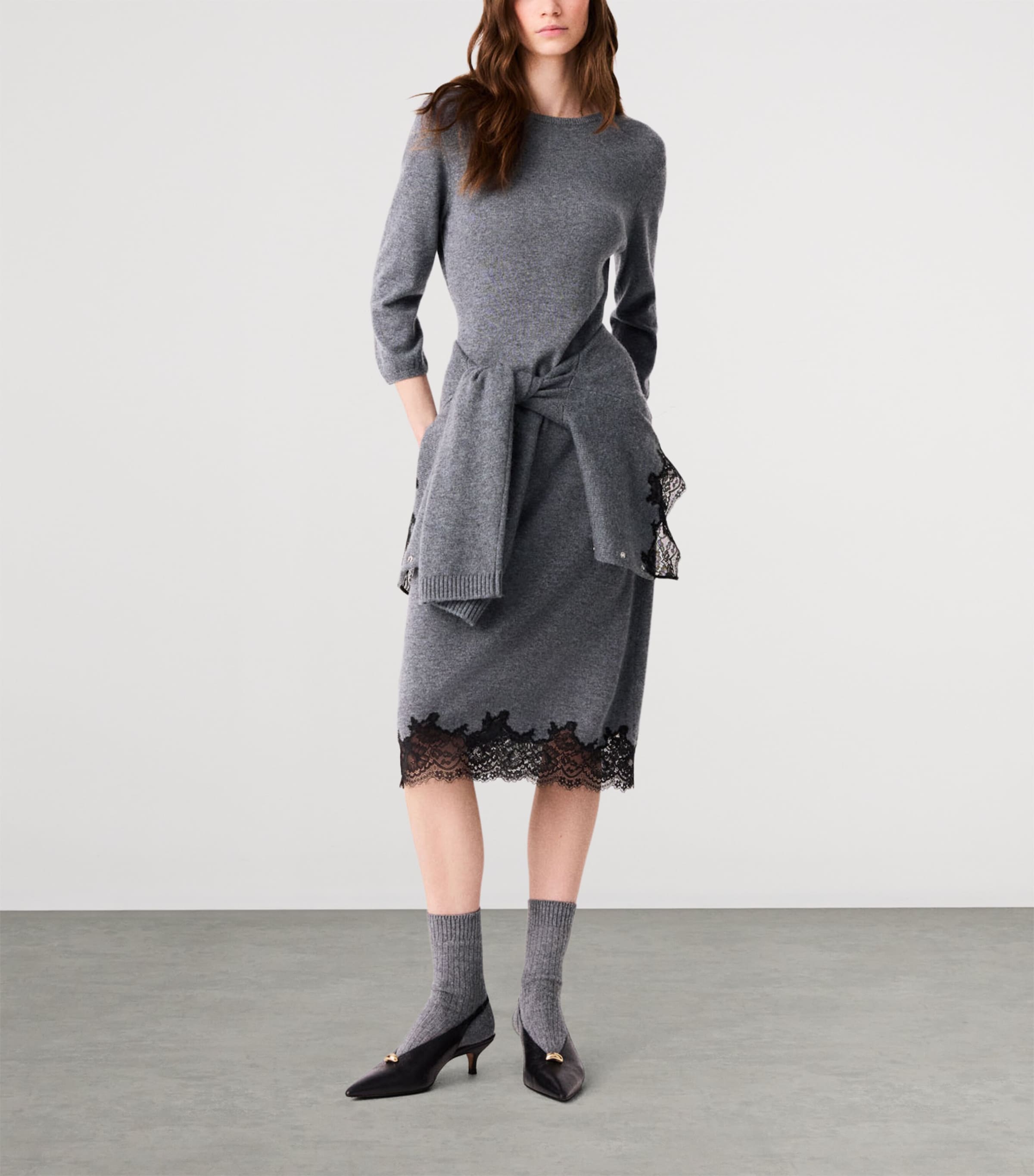 Maje Womens Wool Lace-Trim Midi Dress Grey/black Image 2
