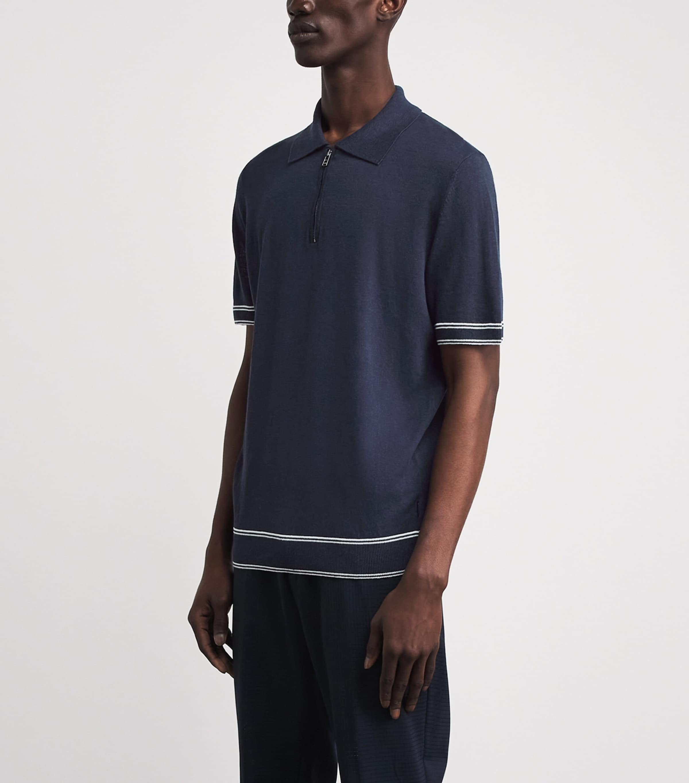 BOSS Mens Linen-Blend Zip-Up Polo Shirt Dark Blue Image 4