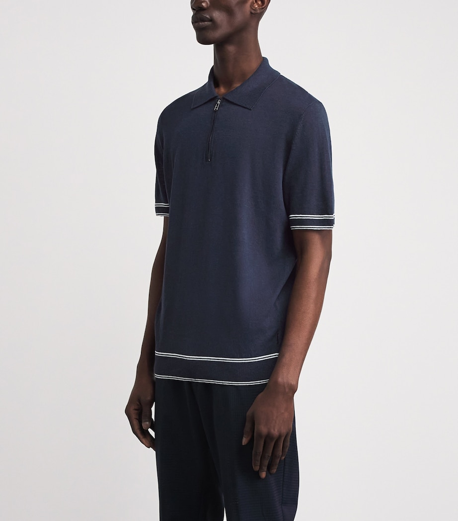 BOSS Mens Linen-Blend Zip-Up Polo Shirt Dark Blue Image 4