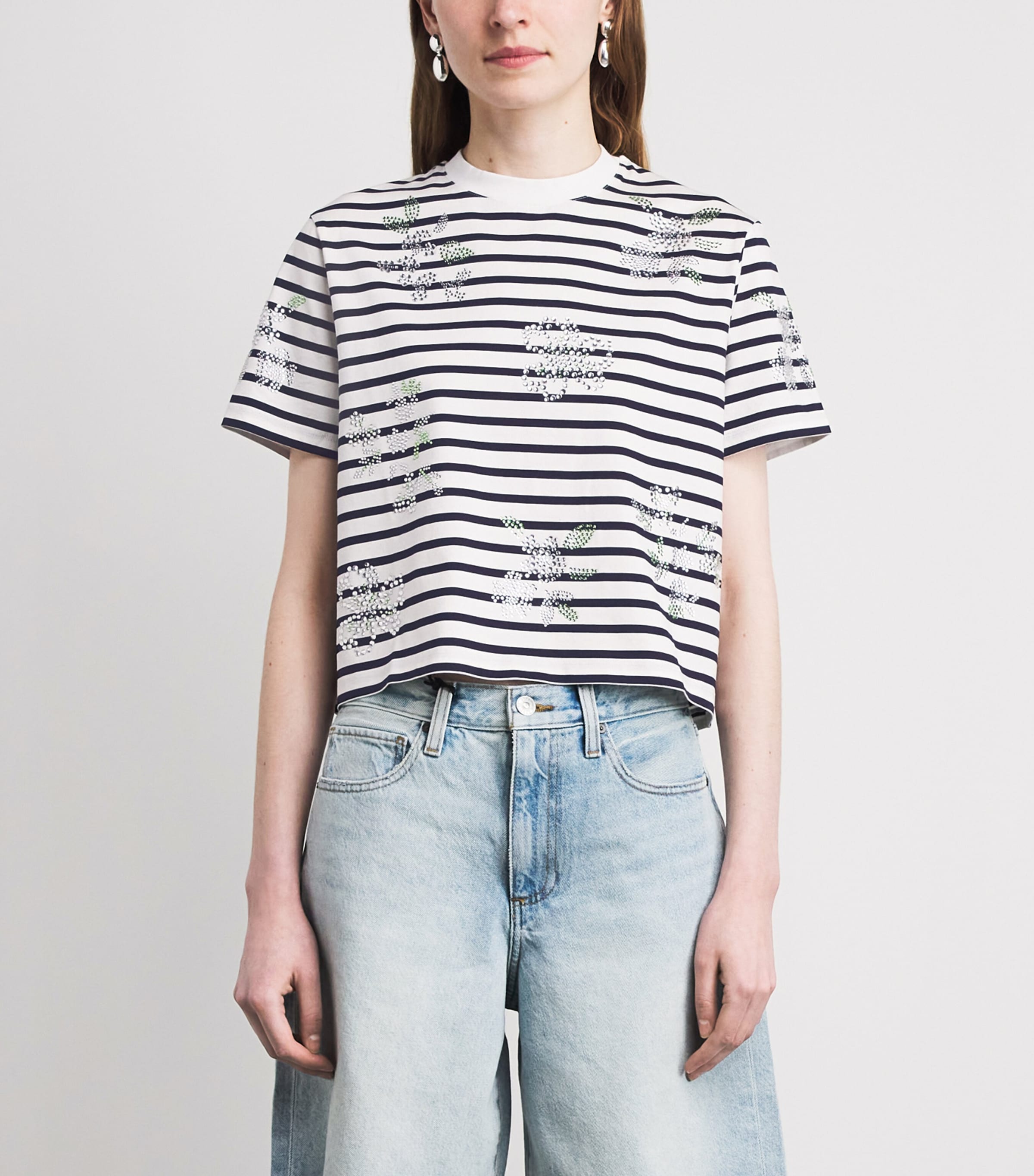 Maje Womens Cotton Rhinestone Stripe T-Shirt White Image 4