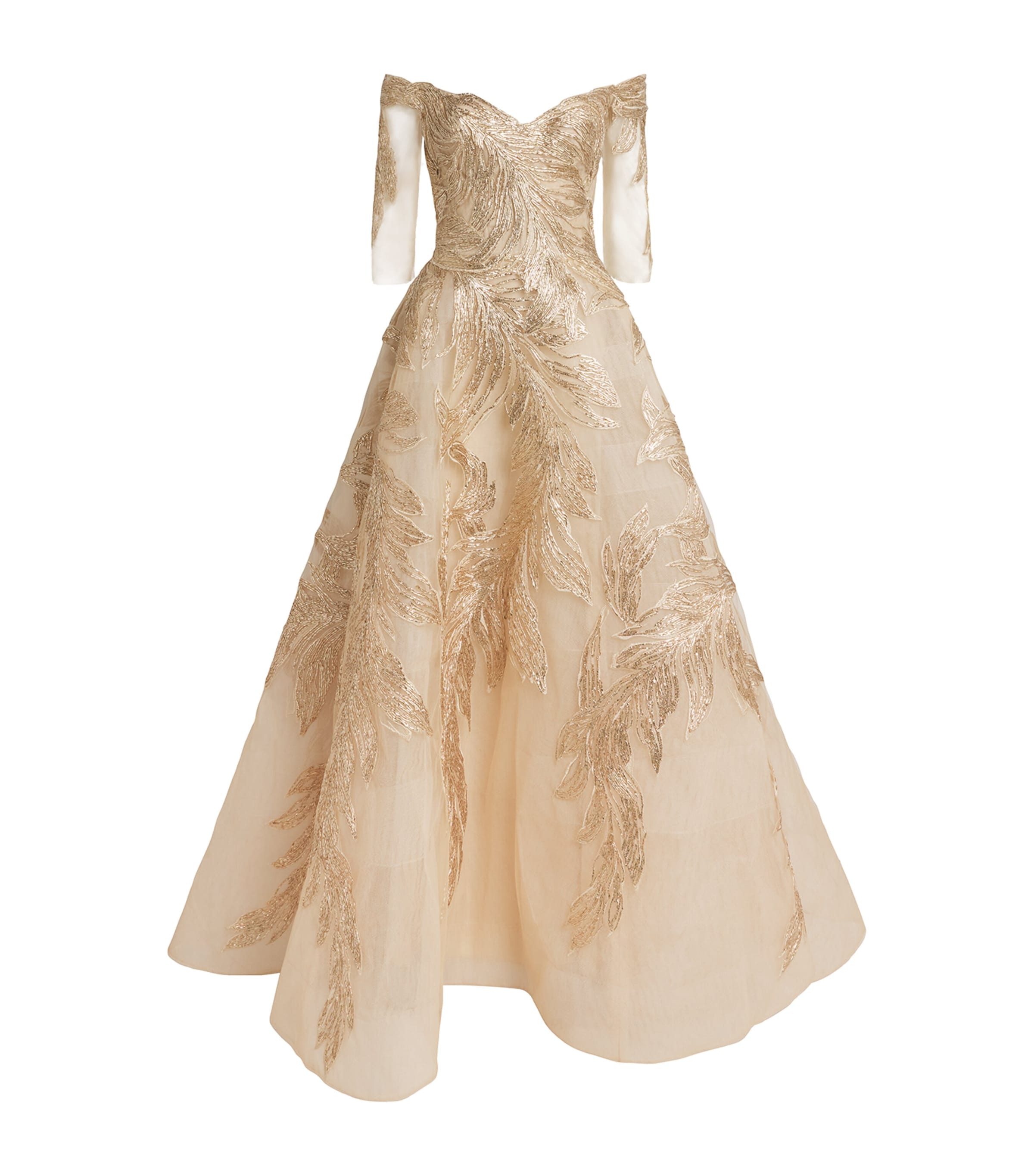 Monique Lhuillier Tulle Feather-embroidered Gown In Gold