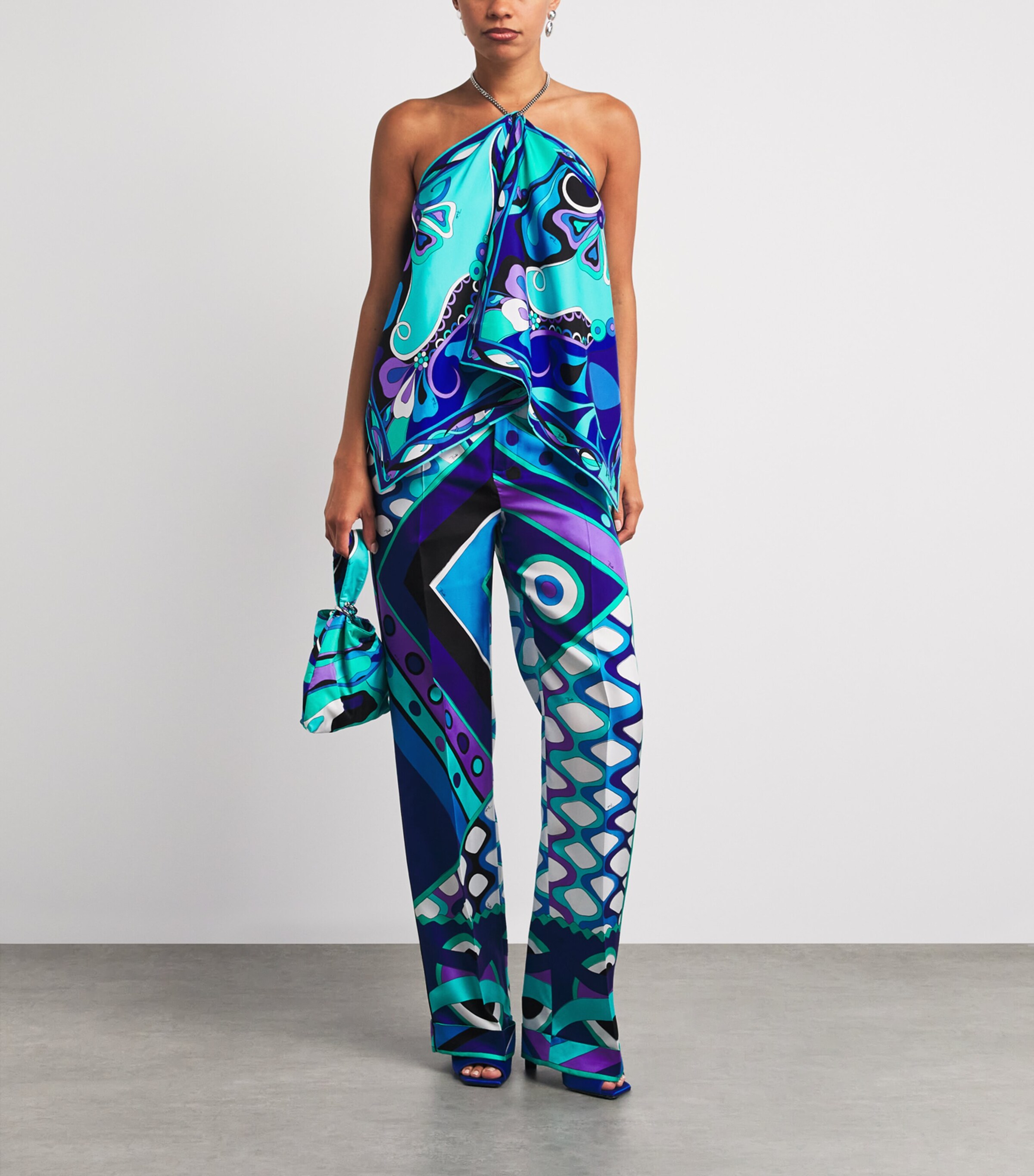 PUCCI Womens Silk Orchidee Halterneck Top Turquoise Image 2