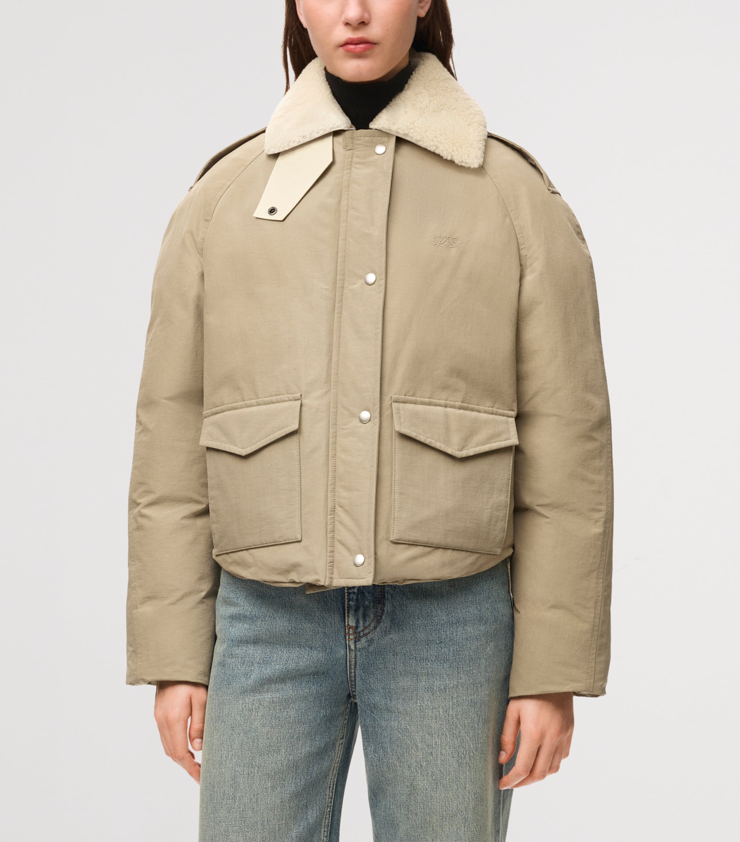 LOEWE Womens Technical Shearling-Collar Jacket Light Sage Image 3