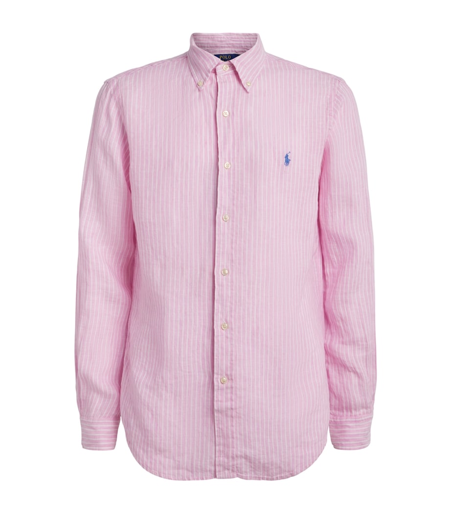 Polo Ralph Lauren Mens Linen Custom-Fit Stripe Shirt Pink White Image 1