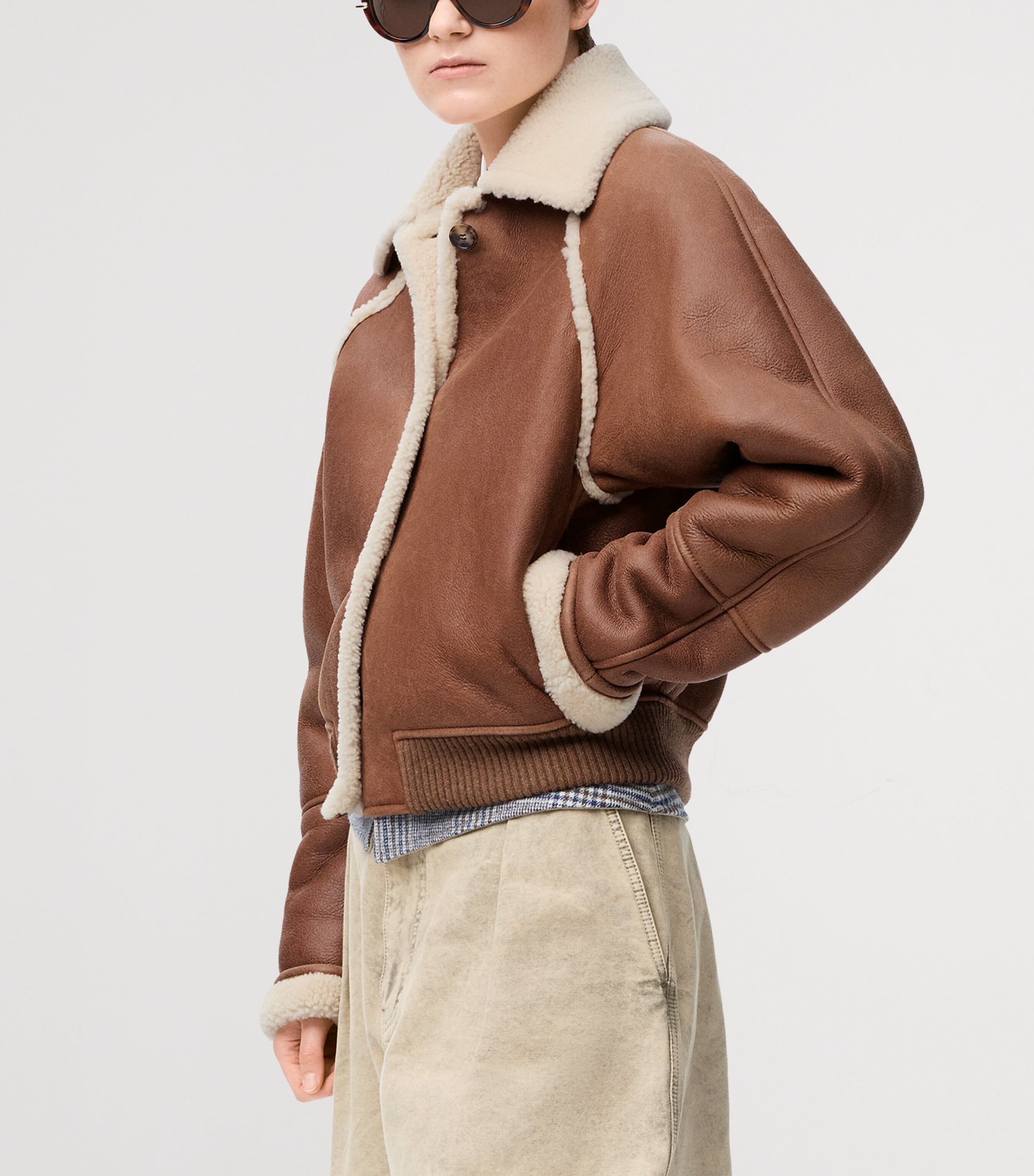 Lambskin Shearling-Collar Bomber Jacket BROWN Image 3