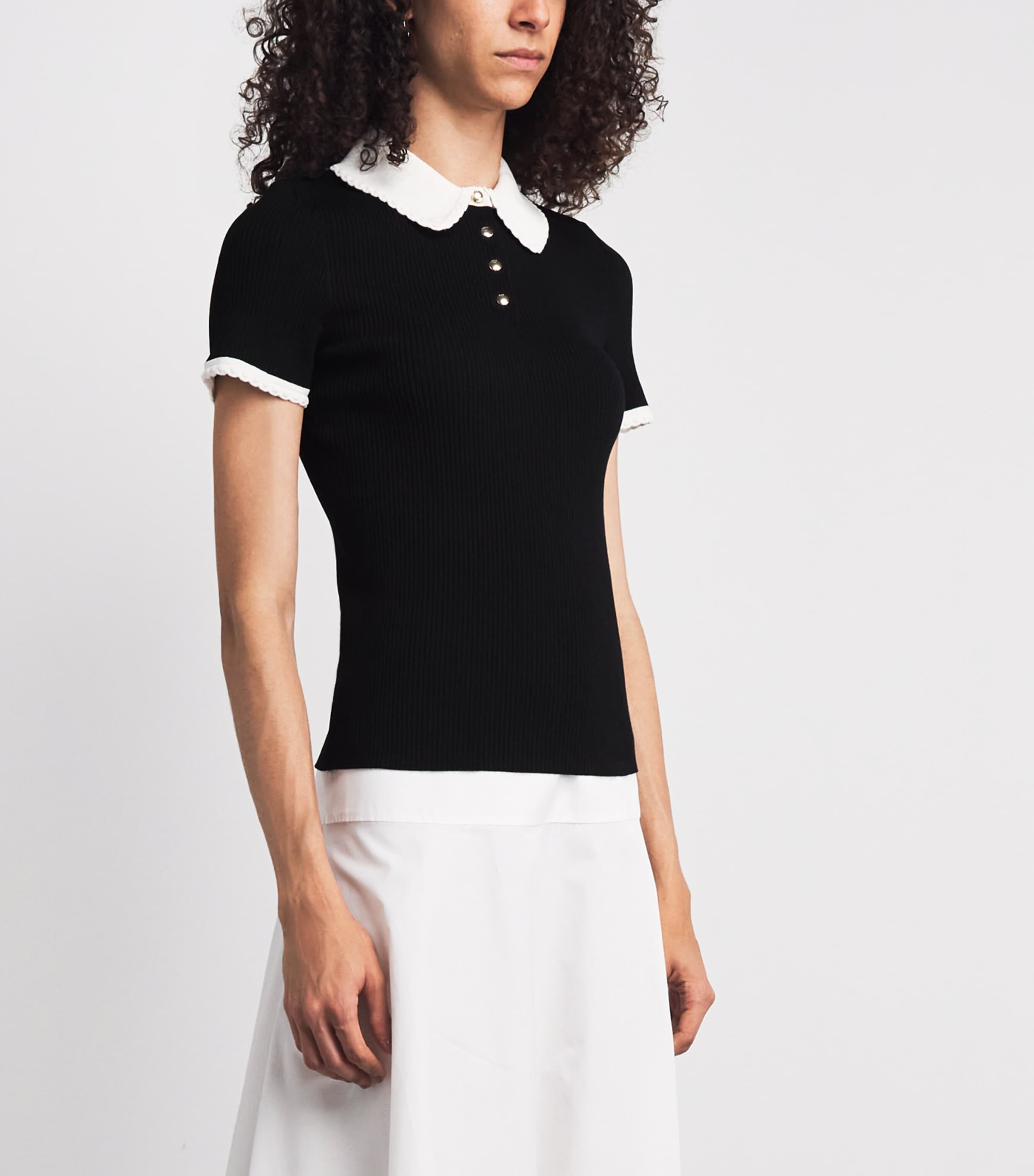 Maje Womens Rib-Knit Polo Shirt Black Image 4