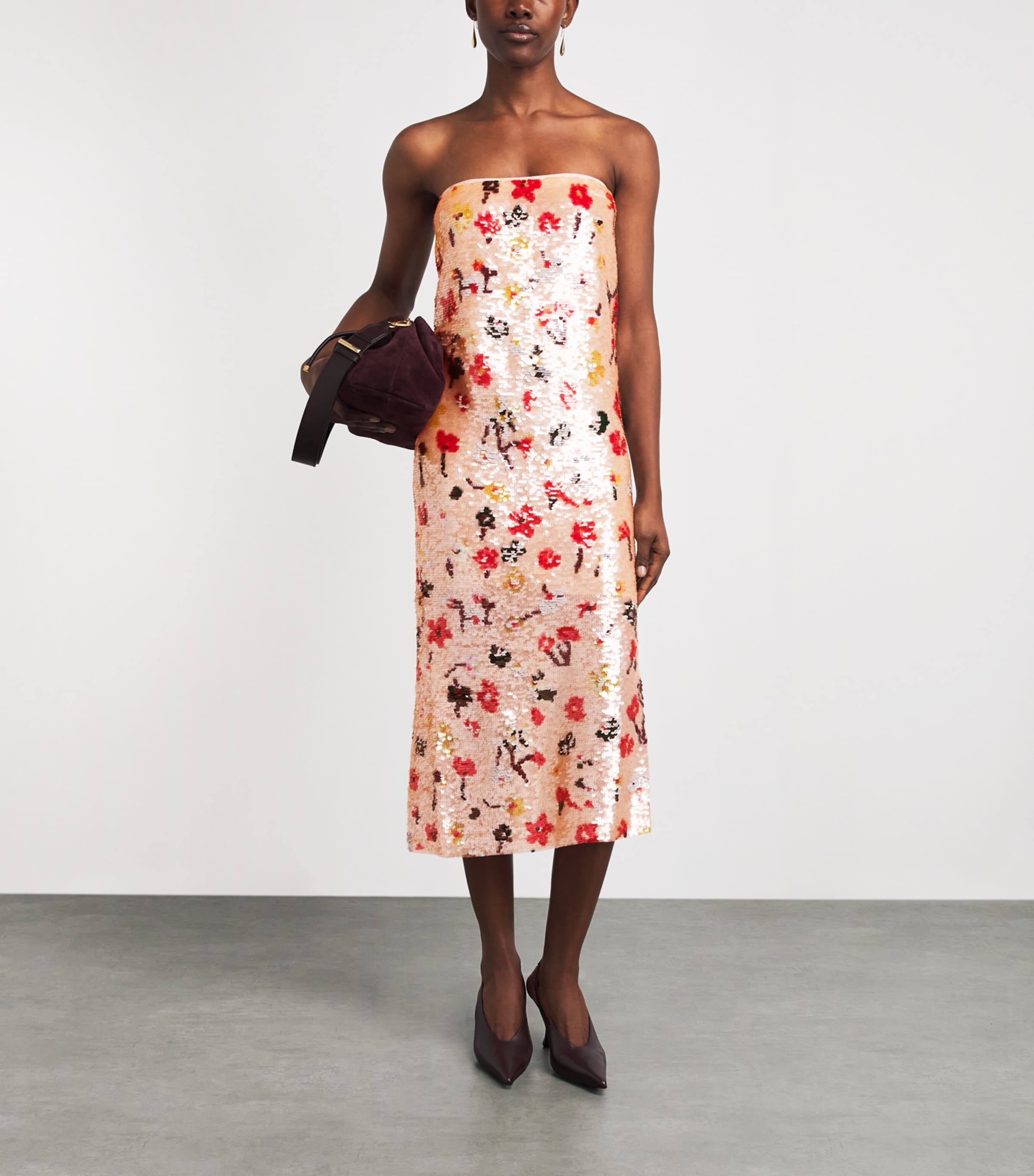 Tory Burch Womens Strapless Sequin Midi Dress Pink Floral Image 2