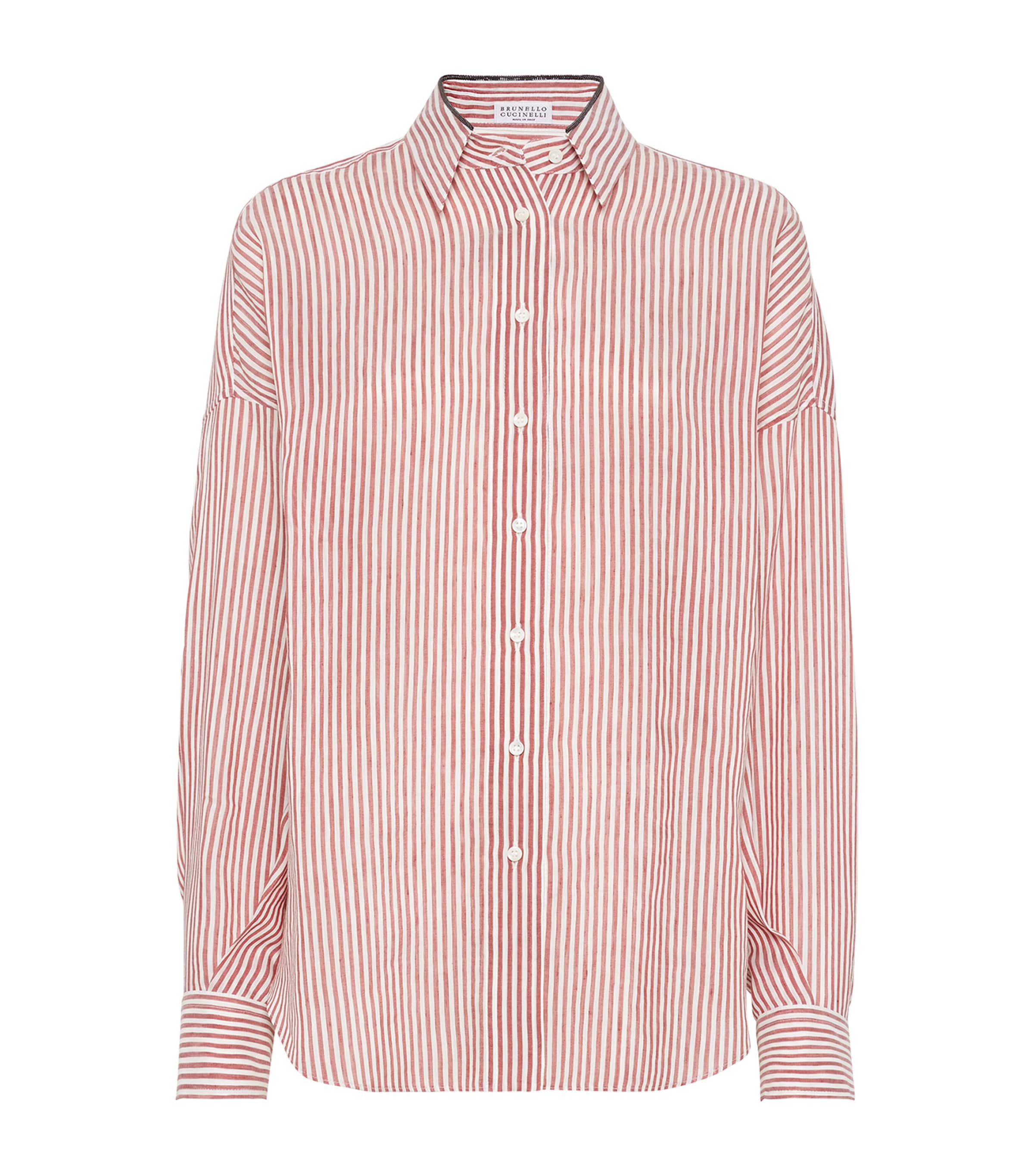 Brunello Cucinelli Bordeaux Stripe Linen-cotton Blend Shirt In White