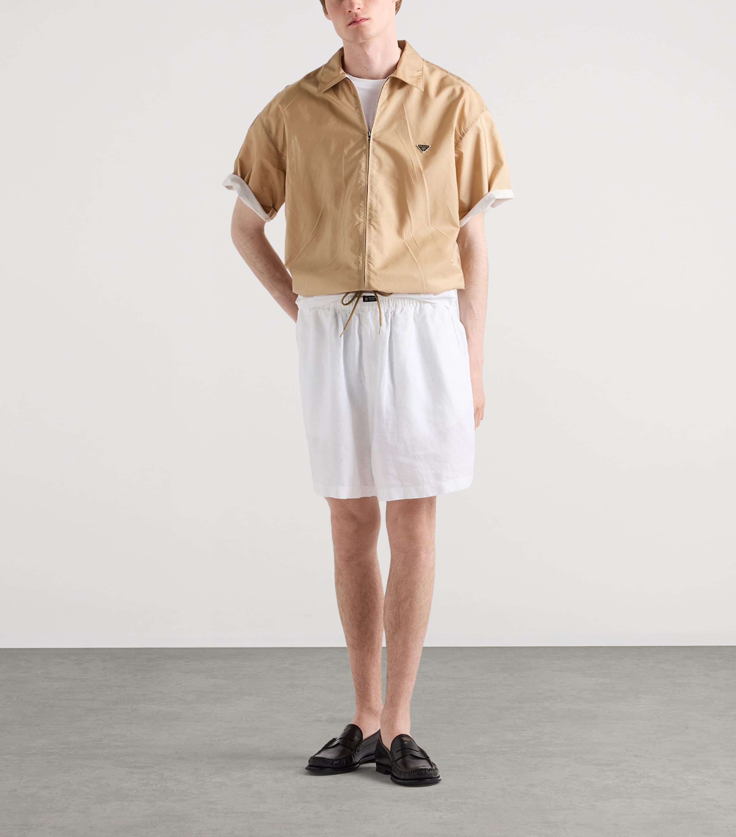 Prada Mens Re-Nylon Zip-up Short-Sleeve Shirt Brown Image 2