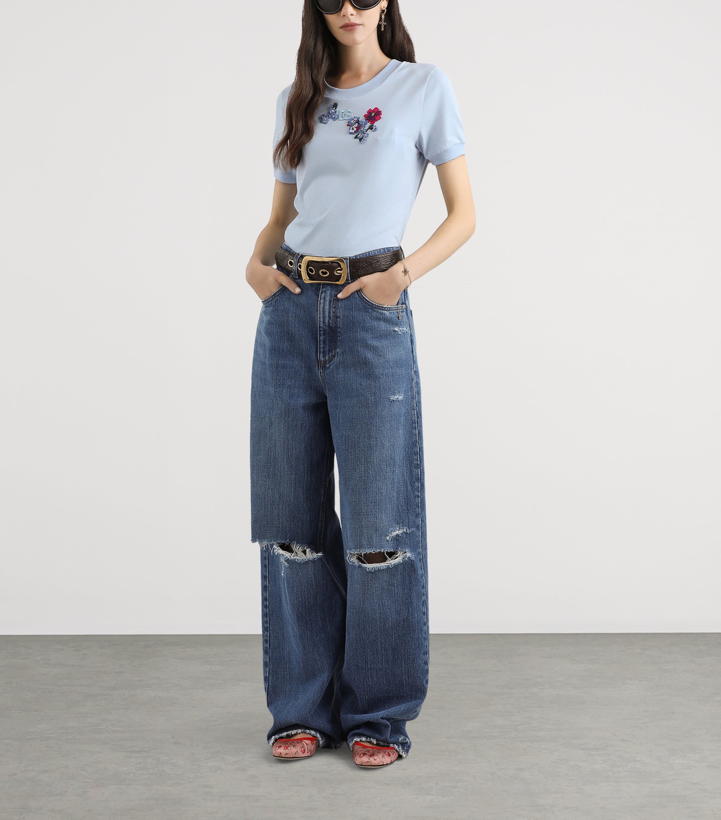 Dolce&Gabbana Womens Floral Appliqué Logo T-Shirt Sky Image 2