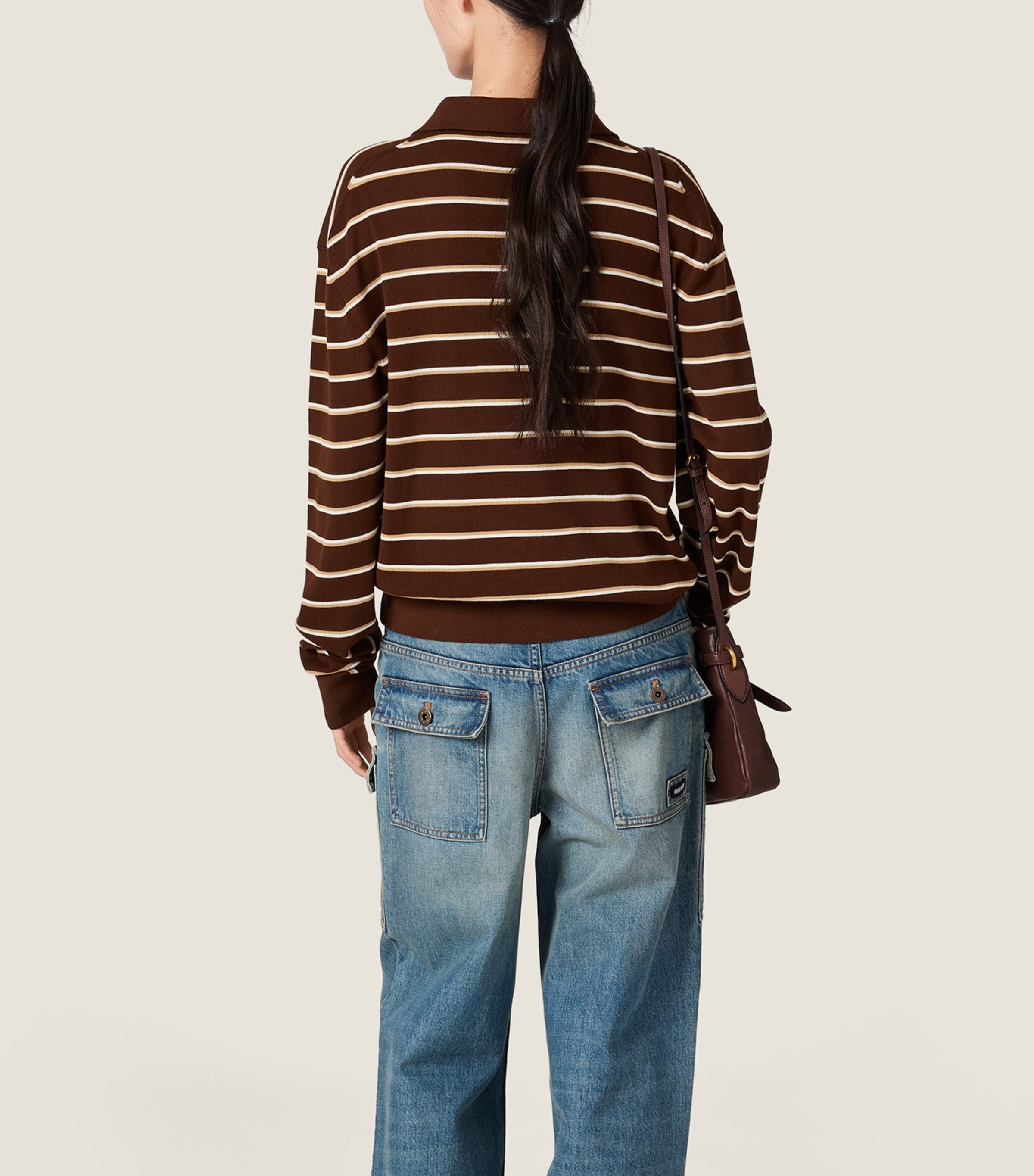 Miu Miu Womens Cotton-Blend Stripe Polo Sweater Brown Image 3