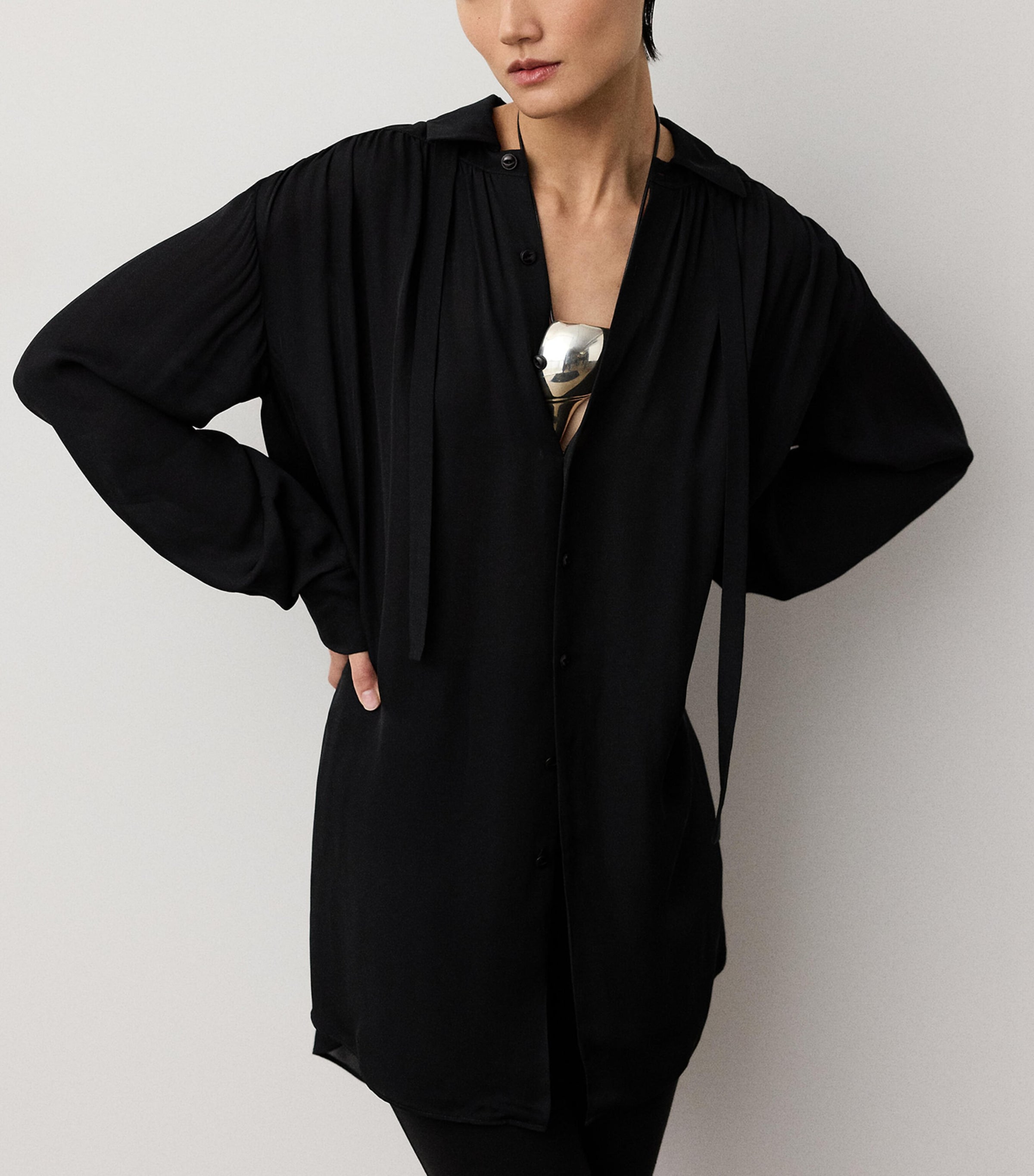 Ralph Lauren Collection Womens Satin Karmen Oversized Shirt Black Image 2