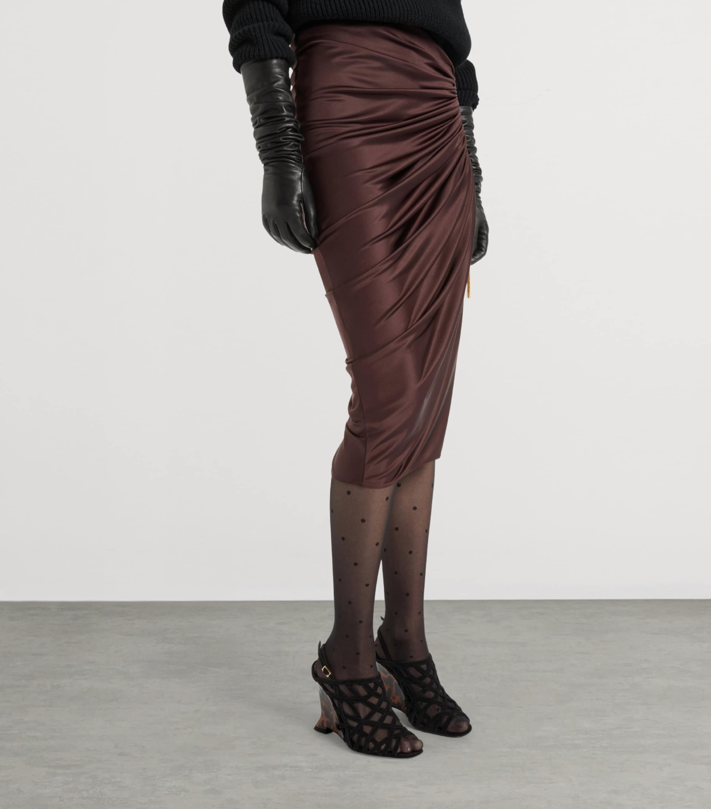 Balmain Womens Jersey Ruched Midi Skirt Brown Marron Image 4