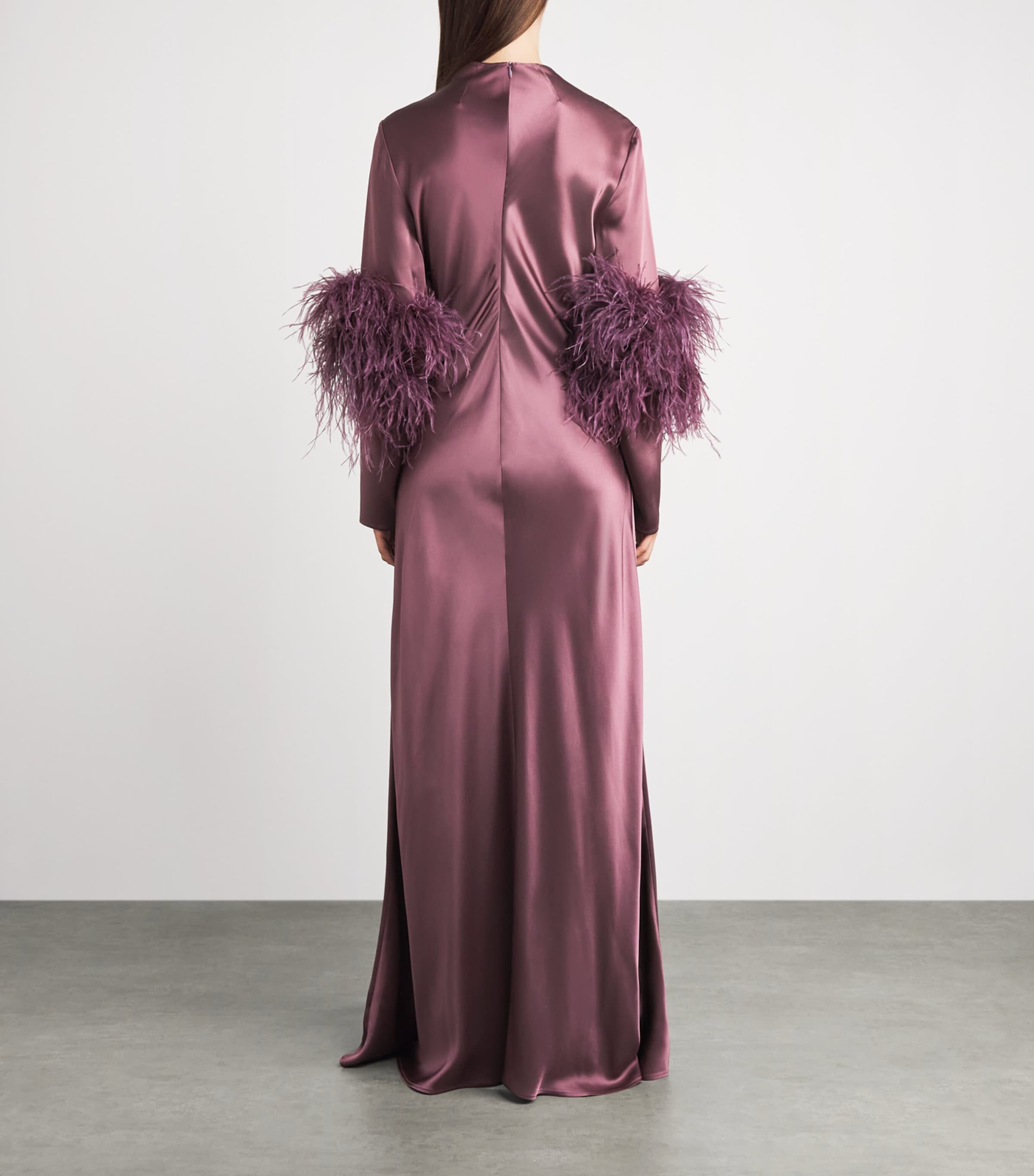 LAPOINTE Womens Satin Feather-Trimmed Gown Dark Mauve Image 4